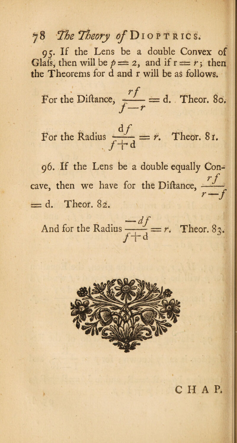 95. If the Lens be a double Convex of Glafs, then will be p — 2, and if r = r y then the Theorems for d and r will be as follows. For the Diftance, rf f d / d. Theor. 8o. For the Radius —-— = r. Theor. 8 r. -JT d 96. If the Lens be a double equally Con- r f cave, then we have for the Diftance, d. Theor. 82. And for the Radius df /“M r—f r. Theor. 83. CHAP.
