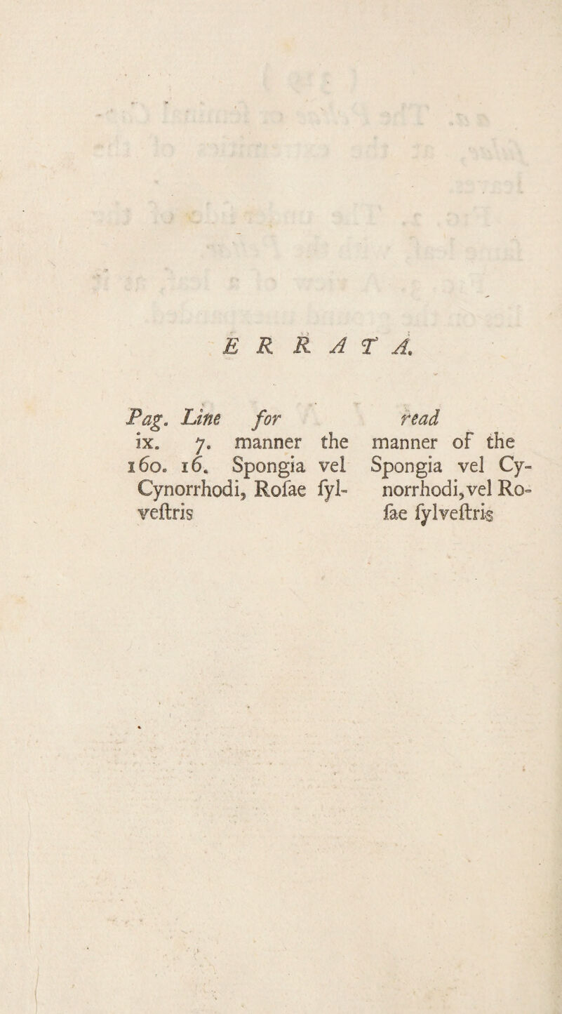 ERRATA. Pag. Line for ix. 7. manner the 160. 16, Spongia vel Cynorrhodi, Rofae fyl- veftris read manner of the Spongia vel Cy- norrhodijvel Ro^ fae fylveftris