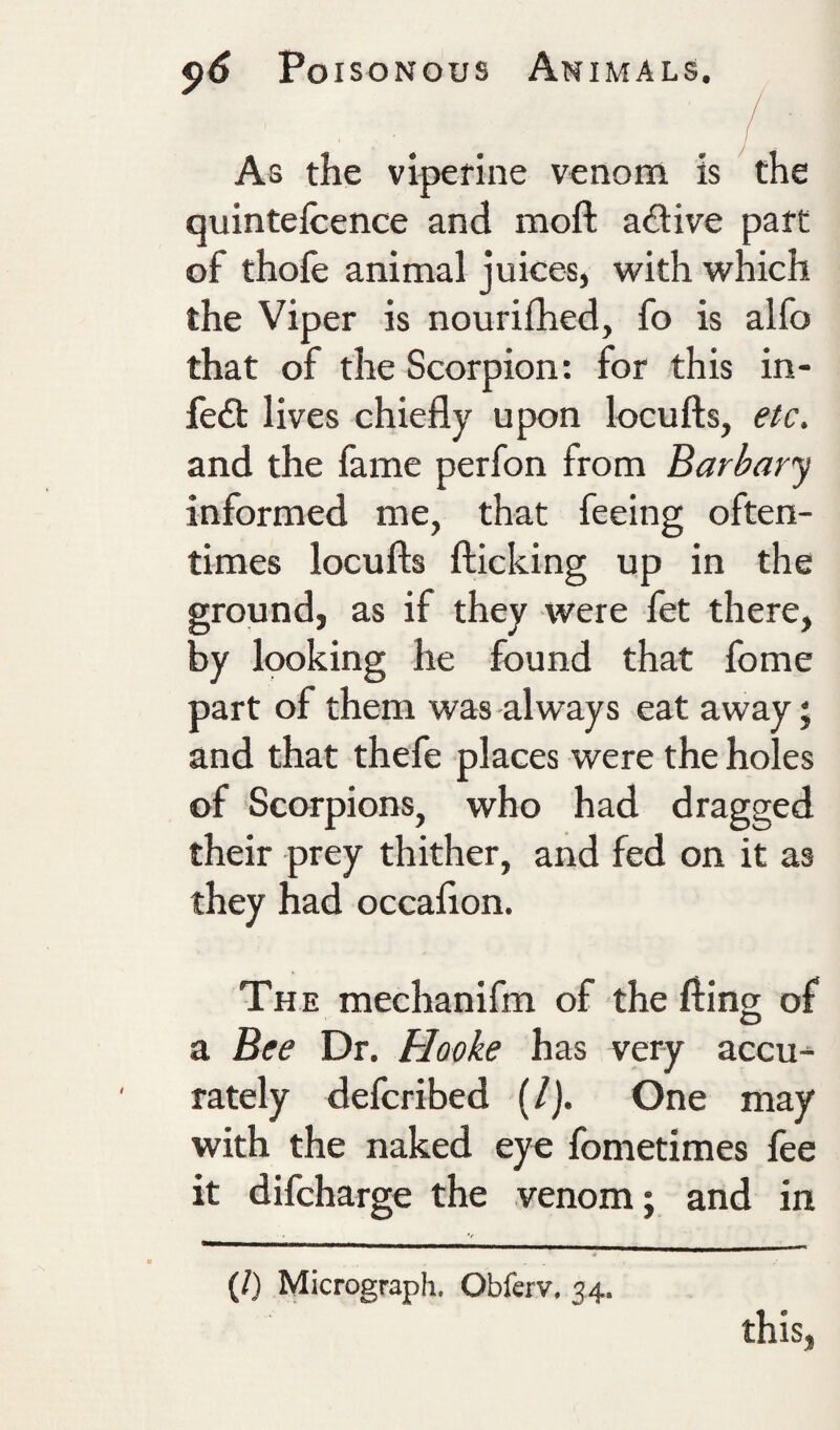 As the vipenne venom is the quintelcence and moft adive part of thofe animal juices, with which the Viper is nourilhed, fo is alfo that of the Scorpion: for this in- fe£b lives chiefly upon locufts, e^c. and the fame perfon from Barbary informed me, that feeing often¬ times locufts fticking up in the ground, as if they were let there, by looking he found that Ibme part of them was always eat away; and that thefe places were the holes of Scorpions, who had dragged their prey thither, and fed on it as they had occalion. The mechanifm of the fting of a Bee Dr. Hooke has very accu^ rately defcribed (/j. One may with the naked eye fometimes fee it difeharge the venom; and in (/) Micrograph. Obferv. 34. this,