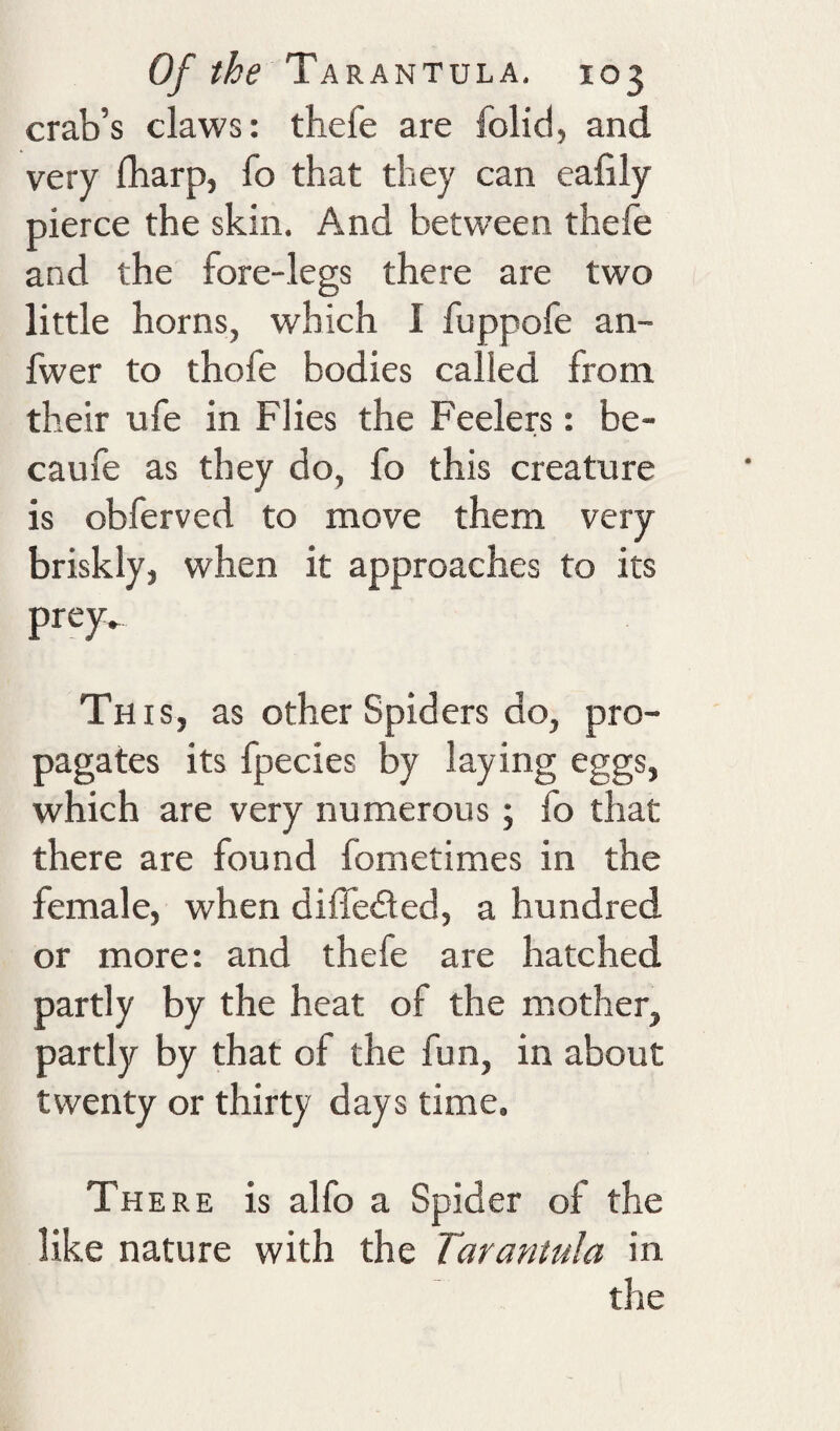 crab’s claws: thefe are folid, and very fharp, fo that they can eafily pierce the skin. And between thefe and the fore-legs there are two little horns, which I fuppofe an- fwer to thofe bodies called from their ufe in Flies the Feelers: be- caufe as they do, fo this creature is obferved to move them very briskly, when it approaches to its prey»^ Th IS, as other Spiders do, pro¬ pagates its fpecies by laying eggs, which are very numerous; fo that there are found fometimes in the female, when diffeiled, a hundred or more: and thefe are hatched partly by the heat of the mother, partly by that of the fun, in about twenty or thirty days time. There is alfo a Spider of the like nature with the Tarantula in the