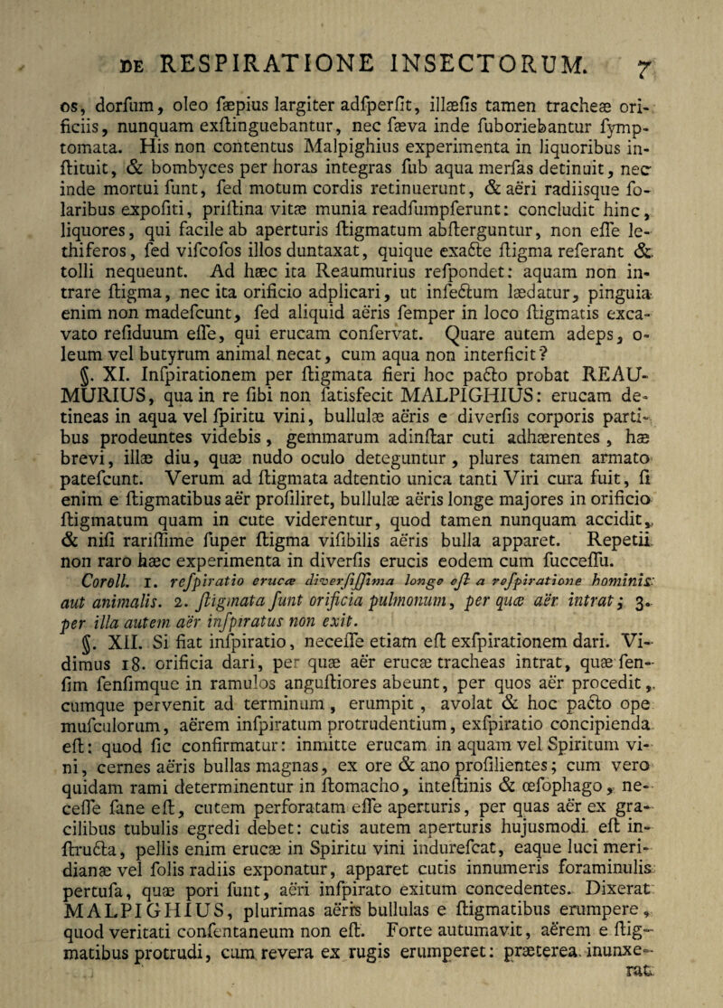 os, dorfum, oleo faepius largiter adfperfit, illaefis tamen tracheas ori¬ ficiis, nunquam exflinguebantur, nec fasva inde fuboriebantur fymp- tomata. His non contentus Malpighius experimenta in liquoribus in- dituit, & bombyces per horas integras fiib aqua merfas detinuit, necr inde mortui funt, fed motum cordis retinuerunt, & aeri radiisque fo- laribus expofiti, pridina vitae munia readfumpferunt: concludit hinc, liquores, qui facile ab aperturis digmatum abderguntur, non efie le- thiferos, fed vifcofos illos duntaxat, quique exafte fligma referant & tolli nequeunt. Ad haec ita Reaumurius refpondet: aquam non in¬ trare digma, nec ita orificio adplicari, ut infe&um lasdatur, pinguia enim non madefcunt, fed aliquid aeris femper in loco digmatis exca¬ vato refiduum efie, qui erucam confervat. Quare autem adeps, 0- leum vel butyrum animal necat, cum aqua non interficit? §. XI. Infpirationem per digmata fieri hoc pa<5lo probat REAU¬ MURIUS, qua in re fibi non latisfecit MALPIGHIUS: erucam de¬ tineas in aqua vel fpiritu vini, bullulae aeris e diverfis corporis parti¬ bus prodeuntes videbis, gemmarum adinftar cuti adhaerentes , hs brevi, illae diu, quae nudo oculo deteguntur, plures tamen armato patefcunt. Verum ad digmata adtentio unica tanti Viri cura fuit, fi enim e digmatibus aer profiliret, bullulae aeris longe majores in orificio digmatum quam in cute viderentur, quod tamen nunquam accidit,, & nifi ranfiime fuper digma vifibilis aeris bulla apparet. Repetii non raro haec experimenta in diverfis erucis eodem cum fuccefiu. Corell. I. refpiratio erue ce diverftjjima longe eft a refplratione hominis.' aut animalis. 2. ftigmata funt orificia pulmonum, per qiice aer. intrat ,* 3. per illa autem aer infptratus non exit. §. XII. Si fiat infpiratio, necede etiam ed exfpirationem dari. Vi¬ dimus 18. orificia dari, per quae aer erucae tracheas intrat, quae fen- fim fenfimque in ramulos angudiores abeunt, per quos aer procedit,, cumque pervenit ad terminum, erumpit , avolat & hoc pa6to ope mufculorum, aerem infpiratum protrudentium, exfpiratio concipienda ed: quod fic confirmatur: inmitte erucam in aquam vel Spiritum vi¬ ni, cernes aeris bullas magnas, ex ore & ano profilientes; cum vero quidam rami determinentur in domacho, intedinis & oefophago, ne- cefie fane ed, cutem perforatam efie aperturis, per quas aer ex gra¬ cilibus tubulis egredi debet: cutis autem aperturis hujusmodi ed in- dru£la, pellis enim erucae in Spiritu vini indurefeat, eaque luci meri¬ dianae vel folis radiis exponatur, apparet cutis innumeris foraminulis pertufa, quae pori funt, aeri infpirato exitum concedentes. Dixerat MALPIGHIUS, plurimas aeris bullulas e digmatibus erumpere, quod veritati confentaneum non ed. Forte autumavit, a£rem e dig¬ matibus protrudi, cum.revera ex rugis erumperet: praeterea, inunxe-