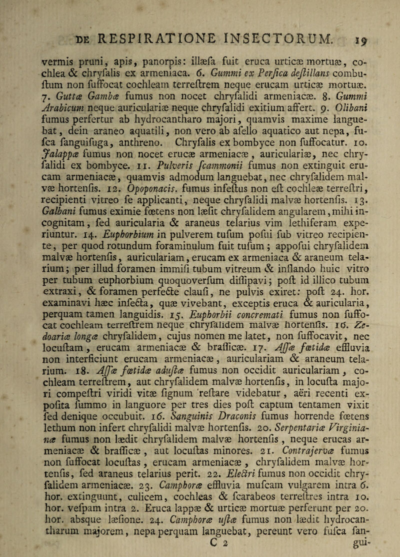 vermis pruni, apis, panorpis: illaefa fuit eruca urticae mortuae, co¬ chlea & chryfalis ex armeniaca. 6. Gummi ex Perfica dejlillans combu- ftum non fuffocat cochleam terreftrem neque erucam urticae mortuae. 7. Guttce Gamba fumus non nocet chryfalidi armeniacae. 8. Gummi Arabicum neque auriculariae neque chryfalidi exitium affert. 9. Clibani fumus perfertur ab hydrocantharo majori, quamvis maxime langue¬ bat, dein araneo aquatili, non vero ab afello aquatico aut nepa, fu- fca fanguifuga, anthreno. Chryfalis ex bombyce non fuffocatur. 10. Jalappa fumus non nocet erucae armeniacae, auriculariae, nec chry¬ falidi ex bombyce. 11. Pulveris fcammonii fumus non extinguit eru¬ cam armeniacae, quamvis admodum languebat, nec chryfalidem mal¬ vae hortenfis. 12. Opoponacis. fumus infeftus non eft cochleae terreftri, recipienti vitreo fe applicanti, neque chryfalidi malvae hortenfis. 13. Galbani fumus eximie foetens non laefit chryfalidem angularem, mihi in¬ cognitam , fed auricularia & araneus telarius vim lethiferam expe¬ riuntur. 14. Euphorbium in pulverem tufum pofui fub vitreo recipien¬ te, per quod rotundum foraminulum fuit tufum ; appofui chryfalidem malvae hortenfis, auriculariam, erucam ex armeniaca & araneum tela- rium; per illud foramen immifi tubum vitreum & inflando huic vitro per tubum euphorbium quoquoverfum diflipavi; pofl id illico tubum extraxi, & foramen perfedte claufi, ne pulvis exiret: pofl 24. hor. examinavi haec infedta, quae vivebant, exceptis eruca & auricularia, perquam tamen languidis. 15. Euphorbii concremati fumus non fuffo¬ cat cochleam terreftrem neque cnryfalidem malvae iiortenfis. ic5. Ze- doarice longce chryfalidem, cujus nomen me latet, non fuffocavit, nec locuftam , erucam armeniacae & braflicae. 17. AJpe foetida effluvia non interficiunt erucam armeniacae, auriculariam & araneum tela- rium. 18. AJfa foetida adufia fumus non occidit auriculariam, co¬ chleam terreftrem, aut chryfalidem malvae hortenfis, in locufta majo¬ ri compeflri viridi vitae fignum 'reflare videbatur, aeri recenti ex¬ polita fummo in languore per tres dies pofl captum tentamen vixit fed denique occubuit. 16. Sanguinis Draconis fumus horrende foetens lethum non infert chryfalidi malvae hortenfis. 20. Serpentarice Virginia- na fumus non laedit chryfalidem malvae hortenfis , neque erucas ar¬ meniacae & braflicae , aut locuftas minores. 21. Contrajerva fumus non fuffocat locuftas, erucam armeniacae , chryfalidem malvae hor¬ tenfis, fed araneus telarius perit. 22. Eleftri fumus non occidit chry¬ falidem armeniacae. 23. Camphora effluvia mufcarn vulgarem intra 6. hor. extinguunt, culicem, cochleas & fcarabeos terreftres intra 10. hor. vefpam intra 2. Eruca lappae & urticae mortuae perferunt per 20. hor. absque laefione. 24. Camphora ujla fumus non laedit hydrocan- tharum majorem, nepa perquam languebat, pereunt vero fufca fan- C 2 gui-