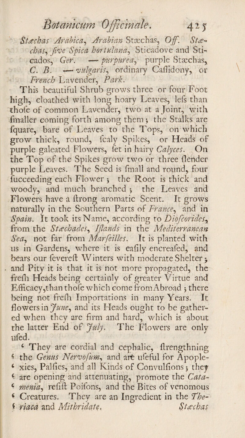$,t£chas Air able a, Arabian Stxchas, Off. Stre^ chas, five Spica hortulana, Sticadove and Sti- cados, Ger. -— purpurea, purple Staechas, C. B. -— vulgar is , ordinary Caffidony, or French Lavender, Park. This beautiful Shrub grows three or four Foot high, eloathed with long hoary Leaves, lefs than thole of common Lavender, two at a Joint, with fmaller coming forth among them * the Stalks are fquare, bare of Leaves to the Tops, on which grow thick, round, fcaly Spikes, or Heads of purple galeated Flowers, fet in hairy Calyces. On the Top of the Spikes grow two or three (lender purple Leaves. The Seed is fmall and round, four fucceeding each Flower $ the Root is thick and woody, and much branched *? the Leaves and Flowers have a ftrong aromatic Scent. It grows naturally in the Southern Parts of France, and in Spain. It took its Name, according to DiofcorideSy from the Strechades, Iflands in the Mediterranean Sea, not far from Mar fellies. It is planted with us in Gardens, where it is eafily encreafed, and bears our fevered: Winters with moderate Shelter -y and Pity it is that it is not more propagated, the frefh Heads being certainly of greater Virtue and Efficacy,than thofe which come from Abroad 5 there being not frefh Importations in many Years. It flowers in June, and its Heads ought to be gather¬ ed when they are firm and hard, which is about the latter End of July. The Flowers are only ufed. c They are cordial and cephalic, ftrengthning 5 the Gems Nervofum, and are ufefiil for Apople- c xies, Palfies, and all Kinds of Convulfions 5 they ^ are opening and attenuating, promote the Cata- c meniay refill Poifons, and the Bites of venomous * Creatures. They are an Ingredient in the The- * riaca and Mithridate. St a? chas