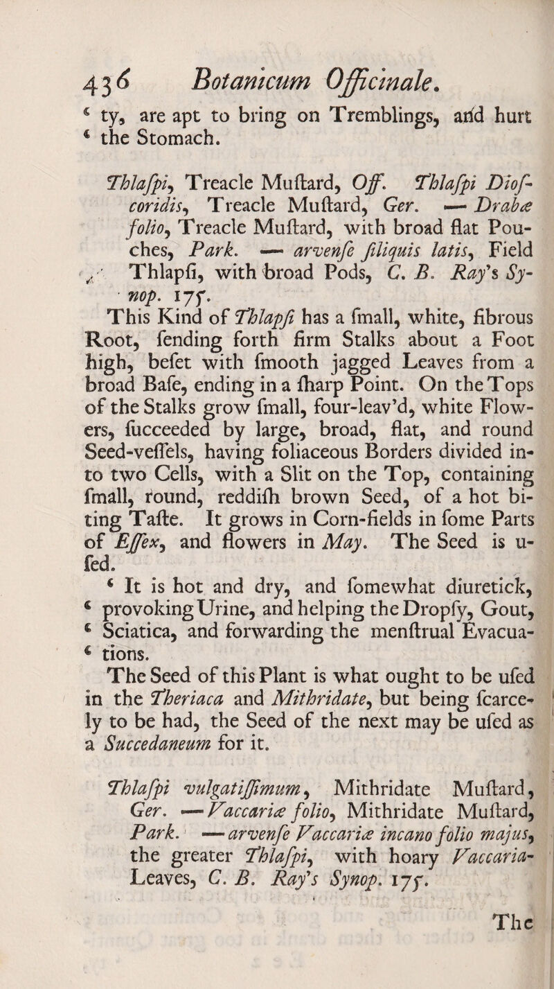 s ty, are apt to bring on Tremblings, arid hurt € the Stomach. Thlafpi, Treacle Milliard, Off. Thlafpi Diofi coridis, Treacle Mullard, GVr. — Dr aba folio, Treacle Mullard, with broad flat Pou¬ ches, -— arvenfe filiquis latis, Field Thlapfi, with broad Pods, C. Ray's Sy- ■ nop. i7f. This Kind of Thlapfi has a (mall, white, fibrous Root, fending forth firm Stalks about a Foot high, befet with fmooth jagged Leaves from a broad Bafe, ending in a (harp Point. On the Tops of the Stalks grow fmall, four-leav’d, white Flow¬ ers, fucceeded by large, broad, flat, and round Seed-veffels, having foliaceous Borders divided in¬ to two Cells, with a Slit on the Top, containing fmall, found, reddifh brown Seed, of a hot bi¬ ting Talte. It grows in Corn-fields in fome Parts of EffeX) and flowers in May. The Seed is u- fed„ * It is hot and dry, and fome what diuretick, € provoking Urine, and helping the Dropfy, Gout, g Sciatica, and forwarding the menllrual Evacua- € tions. The Seed of this Plant is what ought to be ufed in the Theriaca and Mithridate, but being fearce- ly to be had, the Seed of the next may be ufed as a Succedaneum for it. Thlafpi vulgatijfimum, Mithridate Mullard, Ger. -—Vaccaria folio^ Mithridate Mullard, Park.1 -—arvenfe Paccar ire incano folio majus, the greater Thlafpi, with hoary Paccaria- Leaves, C. B. Ray's Synop. iyy. The