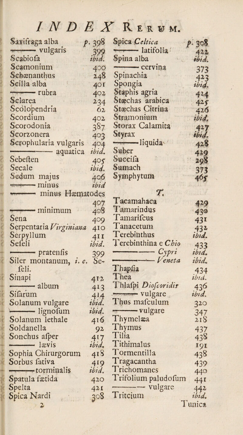 Saxifraga alba p. 398 — --vulgaris 399 Scabiofa ibid. Scamonium 400 Schcenanthus 248 Seilla alba 40r —^-rubra 402 Sclarea 234 Scolopendria 62 Scordium 402 Scorodonia 387 Scorzonera 403 Scrophularia vulgaris 404 --- aquatica ibid. Sebeften 40^ Secale ibid. Sedum majus 406 — -- minus ibid *■'-.- minus HcCinatodcs 407 -- minimum 408 Sena 409 Serpentaria Virginiana 410 Serpyllum 411 Sefeli ibid. —— pratenfis 399 Siler montanum, /. e. Se- feli. Sinapi 412 - —album 413 Sifarum 414 Solanum vulgare ibid. * -lignofum ibid. Solanum lethale 416 Soldanella 92 Sonchus afper 417 * -— lsevis ibid. Sophia Chirurgorum 418 Sorbus fativa 419 — -torminalis ibid. Spatula fsetida 420 Spelta 421 Spica Nardi 308 2 Spica Celtic a —— latifolia Spina alba —-* cervina Spinachia Spongia Staphis agria Stsechas arabica Staechas Citrina Stramonium Storax Galamita Styrax —— liquida Suber Succifa Sumach Symphytum 422 ibid. 373 423 ibid. 424 w 42 6 ibid, 427 ibid, 425 429 298 373 Atf t: Tacamahaca 429 Tamarindus 430 Tamarifcus 431 Tanacetum 432 Terebinthus ibid. Terebinthina e Chio 433 —• ■—— Cypri ibid* —• ■ ■■ 1 l/eneta ibid,L Thapfia 434 Thea ibid. Thlafpi Dioftoridir .vulgare Thus mafculum vulgare Thymelxa Thymus Tilia Tithimalus Tormentilla Tragacantha T richomanes Trifolium paludofum 441 ■--— vulgare 442 T ritcium ibid* Tunica 436 ibid. 320 347 218 437 43^ 191 438 439 440