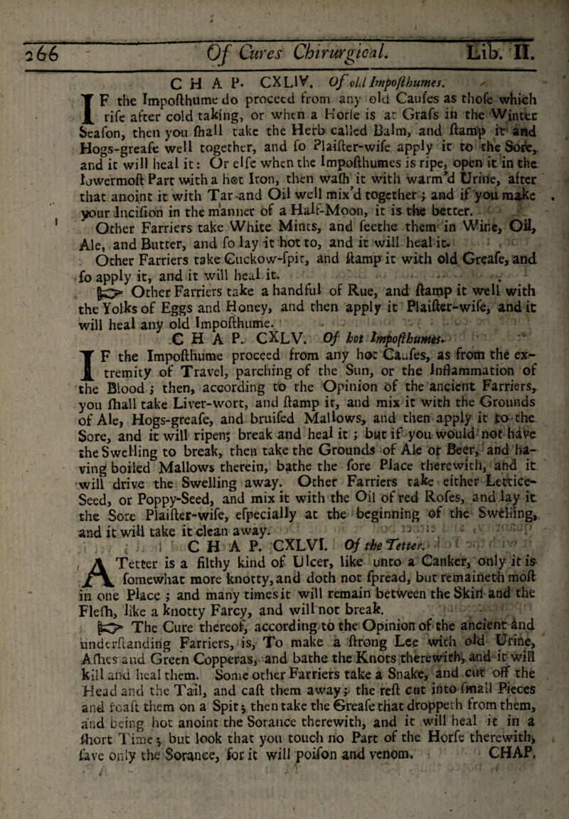 CHAP* CXL1V, Of old Impofthumes. ✓ IF the Impofthume do proceed from any old Caufes as thofe which rife after cold taking, or when a Korfe is at Grafs in the Winter Seafon, then you (hall take the Herb called Balm, and ftamp it and Hogs-greafe well together, and fo Plaifter-wife apply it to the Sore,, and it will heal it: Or elfe when the Impofthumes is ripe, open it in the Ijwermoft Part with a h©t Iron, then wafh it with warm’d Urine, after that anoint it with Tar-and Oil well mix’d together ; and if you make your incifidn in the manner of a Half-Moon, it is the better. Other Farriers take White Mints, and feethe them in Wine, Oil, Ale, and Butter, and fo lay it hot to, and it will heal it. Other Farriers take Guckow-fpit, and ftamp it with old Greafe,and fo apply it, and it will heal it. - Other Farriers take a handful of Rue, and ftamp it well with the Yolks of Eggs and Honey, and then apply it Plaifter-wife, and it will heal any old Impofthume. * X H A P. CXLV. Of hot Impofthuweu' IF the Impofthume proceed from any ho: Caufes, as from the ex¬ tremity of Travel, parching of the Sun, or the Inflammation of the Blood ; then, according to the Opinion of the ancient Farriers,, you fhall take Liver-wort, and ftamp it, and mix it with the Grounds of Ale, Hogs-gteafe, and bruifed Mallows, and then apply it to the Sore, and it will ripen; break and heal it ; but if you would not have the Swelling to break, then take the Grounds of Ale or Beer, and ha¬ ving boiled Mallows therein, bathe the fore Place therewith, and it. will drive the Swelling away. Other Farriers take either Lettice- Seed, or Poppy-Seed, and mix it with the Oil of red Rofes, and lay it the Sore Plaifter-wife, efpecially at the beginning of the Swelling,, and it will take it clean away. ; ; i CHAP. CXLVI. Of the Tetter. A Tetter is a filthy kind of Ulcer, like unto a Canker, only it is fomewhat more knotty, and doth not fpread, but remainetb raoft in one Place ; and many times it will remain between the Skin and the Flefh, like a knotty Farcy, and will not break. ! The Cure thereof, according to the Opinion of the ancient And underftanding Farriers, is, To make a ftrong Lee with old Urine, Afhes and Green Copperas, and bathe the Knots therewith, and it will kill and heal them. Some other Farriers take a Snake, and cut off the Head and the Tail, and caft them away; the reft cut into fmall Pieces and foaft them on a Spit y then take the Greafe that droppeth from them, and being hot anoint the Sorance therewith, and it will heal it in a fhort Time y but look that you touch no Part of the Horfe therewith, fave only the Sorance, for it will poifon and venom. CHAP. *