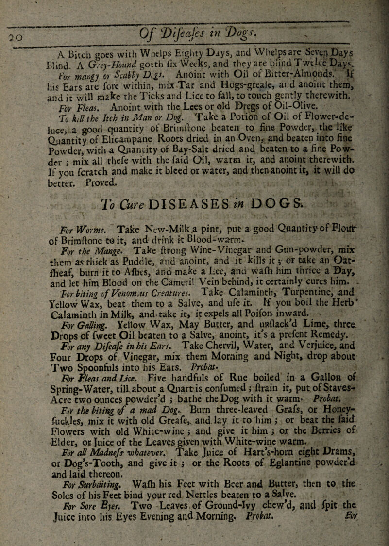 A Bitch goes with Whelps Eighty Days, and Whelps are Seven Days Blind. A Grey Hound goeth fix Weeks, and they are blind Twelve Days. for mangy or Scabby D.gs. Anoint with Oil of Bitter-Almonds/ If his Ears are fore within, mix Tar and Hogs-greale, and anoint them, and it will make the Ticks and Lice to fall, to touch gently therewith. For Fleas. Anoint with the Lees or old Dregs of Oil-Olive. To kill the Itch in Man or Dog. Take a Potion of Oil of Flower-de- luce, a good quantity of Brimftone beaten to fine Powder, the like Quantity of Elicampane Roots dried in an Oven, and beaten into fine Powder, with-a Quantity of Bay-Salt dried and beaten to a fine Pow¬ der ; mix all thefe with the faid Oil, warm it, and anoint therewith. If you fcratch and make it bleed or water, and then anoint it, it will do better. Proved. To Cure DISEASES in DOGS,. For Worms. Take New-Milk.a pint,.put a good Quantity of Flour of Brimftone to it, and- drink k Blood-warm* For the Mange. Take ftrong Wine-Vinegar and Gun-powder, mix them as thick as Puddle, and anoint, and it kills it y or take an Oat- fheaf, burn it to Adits, and make a Lee, and wadi him thrice a Day, and let him Blood on the Cameril Vein behind, it certainly cures him. - For biting of Venomous Creatures. Take Calaminth, Turpentine, and Yellow Wax, beat them to a Salve, and ufe it. ff you boil the Herb* Calaminth in Milk, and take it, it expels all Poifon inward. For Galling. Yellow Wax, May Butter, and uwflack'd Lime, three. Drops of fweet Oil beaten to a Salve, anoint, it's a prefent Remedy. For any Difeafe in his Ears. Take Chervil, Water, and Verjuice, and Four Drops of. Vinegar, mix them Morning and Night, drop about Two Spoonfuls into his Ears. Probat* For Fleas and Lice. Five handfuls of Rue boiled in a Gallon of Spring-Water, till about a Quart is confumed ; drain it, put of Staves- Acre two ounces powder'd •&gt; bathe the Dog with it warm- Probat. For the biting of a mad Dog, Burn three-leaved Grafs, or Honey- fuckles, mix it with old Greafe,, and lay it to him ; or beat the faid Flowers with old White-wine ; and give it him ; or the Berries of Elder, or Juice of the Leaves given with.White-wine warm. For all Madnefs whatever. Take Juice of Hart's-horn eight Drams, or Dog's-Tooth, and give it ; or the Roots of Eglantine powder'd and laid thereon. For Surbditing. Waflh his Feet with Beer and Butter, then to the Soles of his Feet bind your red Nettles beaten to a Salve. For Sore Eyes. Two Leaves,of Ground-Ivy chew'd, and fpit the Juice into his Eyes Evening and Morning. Probat. . For