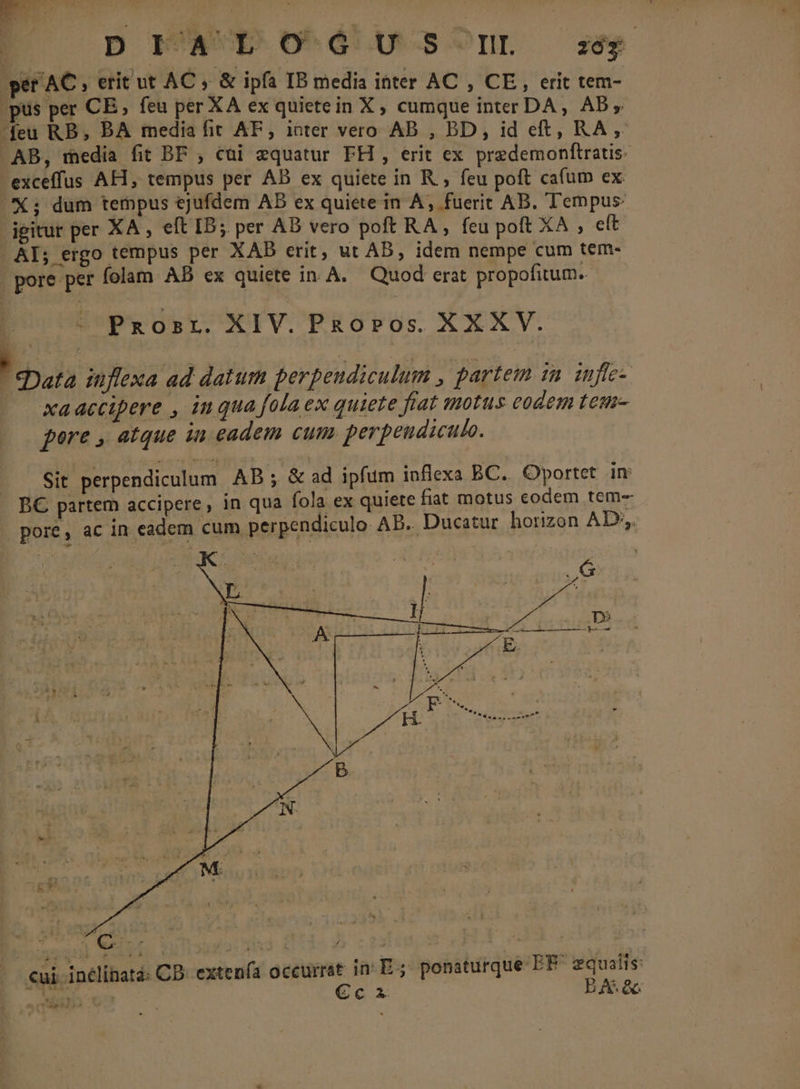 : p PA Dpodusonm se per AC , erit ut AC , &amp; ipfa IB media inter AC , CE, erit tem- .pus per CE; feu per XA ex quietein X, cumque inter DA, AD, feu RB, BA media fir AF, inter vero AB , BD, id eft, RA, AB, media fit BF , cui equatur FH , erit ex predemonftratis: -exceffus AH, tempus per AB ex quiete in R , feu poft cafum ex X; dum tempus ejufdem AD ex quiete in A, fuerit AB. Tempus: igitur per XA , eft IB; per AB vero poft RA, feu poft XA , eft AI; ergo tempus per XAB erit, ut AB, idem nempe cum tem- pore per folam AB ex quiete in A. — Quod erat propofitum. Prosr. XIV. PaoPos. XXXV. hou inflexa ad datum perpeudiculum , partem in. infte- xaaccipere , in qua fola ex quiete fiat motus codem teum- gere , atque in eadem cum. perpeudiculo. Sit perpendiculum AB ; &amp; ad ipfum inflexa BC.. Oportet in B€ partem accipere , in qua fola ex quiete fiat motus codem tem- pore, ac in eadem cum perpendiculo- AB.. Ducatur horizon AD, * . [^ iv [ : ide 4 / . : 2 - «ui inélinatá: CB. exten(a occurrat im E ; ponaturque EF zqualis: Job v: €c za BA. G6