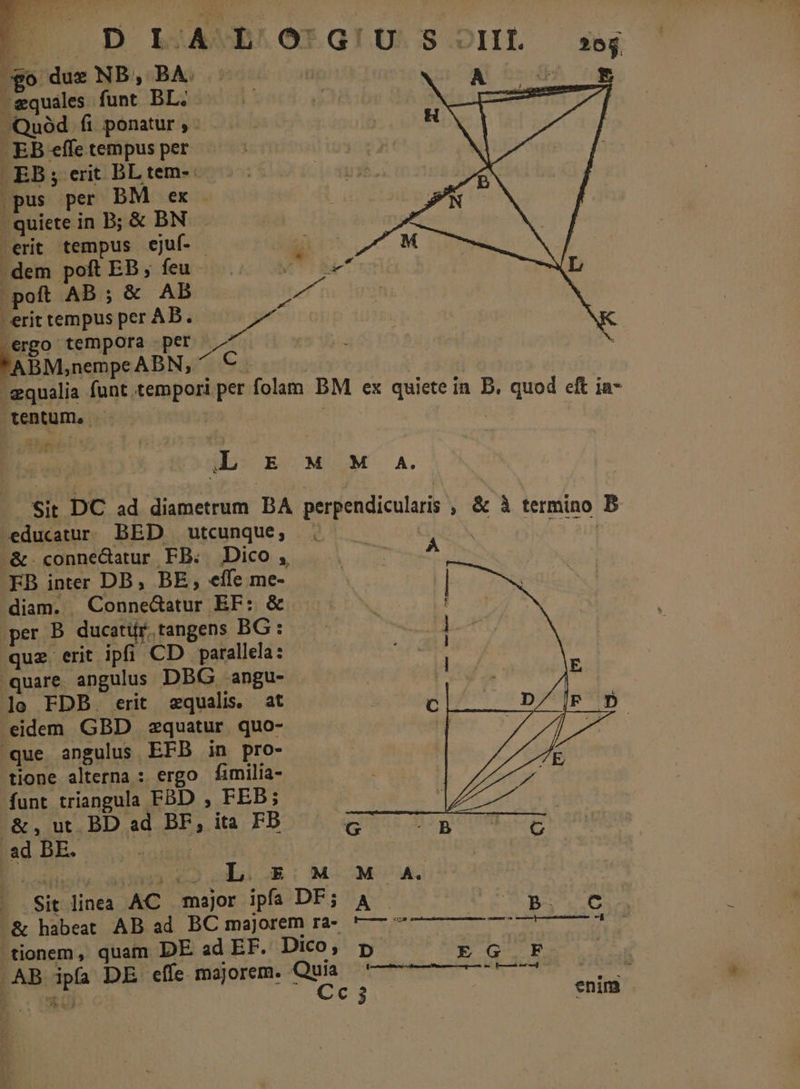 go due NB, BA. equales funt BL. Quod fi ponatur , - EB effe tempus per EB; erit BL tem-. dem poft EB , feu poft AB; &amp; AB erit tempus per AB. .ergo tempora per tentum. Jb OE OMOM A -&amp; conneGatur FB. FB inter DB, BE; diam. Conned&amp;atur que angulus EFB tione alterna : ergo .&amp;, ut BD ad BF, . ad BE. ' | Dico , Mrs a effe me- | EF: &amp; in pro- fimilia- ita FB L E M M A. —— —á—— «Ó tionem, quam DE ad EF. Dico, p EG F c 3 enim T