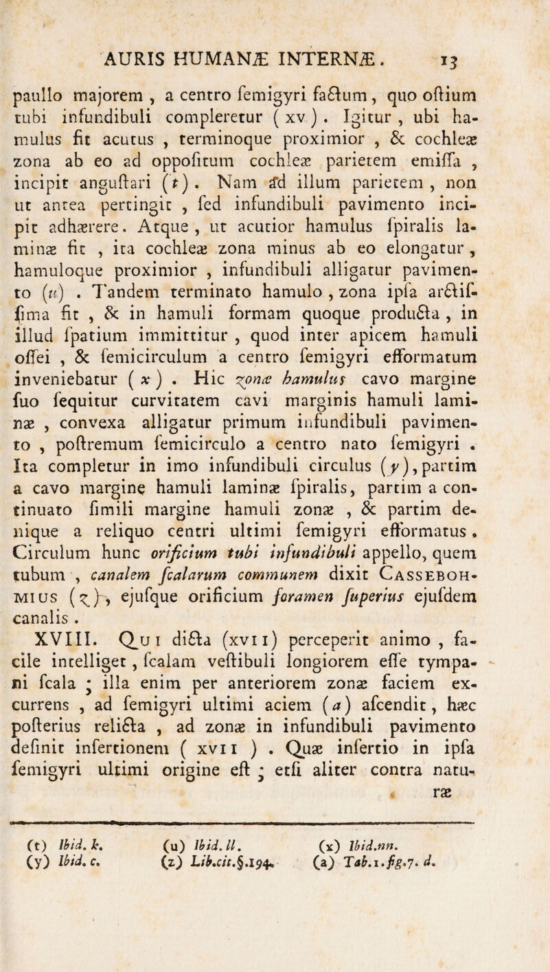 *3 paullo majorem , a centro femigyri fa&um, quo oftium tubi infundibuli compleretur ( xv ) • Igitur , ubi ha¬ mulus fit acutus , terminoque proximior , & cochleas zona ab eo ad oppofitum cochleas parietem emiffa , incipit anguftari (f). Nam 2d illum parietem, noti ut antea pertingit , fed infundibuli pavimento inci¬ pit adhaerere. Atque, ut acutior hamulus fpiralis la¬ minae fit , ita cochleae zona minus ab eo elongatur , hamuloque proximior , infundibuli alligatur pavimen¬ to (n) . Tandem terminato hamulo , zona ipfa arftif- finva fit , & in hamuli formam quoque produ&a , in illud fpatium immittitur , quod inter apicem hamuli offei , & femicircuium a centro femigyri efformatum inveniebatur (*■) . Hic yonce hamulus cavo margine fuo fequitur curvitatem cavi marginis hamuli lami¬ nae , convexa alligatur primum infundibuli pavimen¬ to , poftremum femicirculo a centro nato femigyri . Ita completur in imo infundibuli circulus (y), partim a cavo margine hamuli laminae fpiralis, partim a con¬ tinuato fimili margine hamuli zonae , & partim de¬ nique a reliquo centri ultimi femigyri efformatus♦ Circulum hunc orificium tubi infundibuli appello, quem tubum , canalem fcalarum communem dixit Casseboh- mius (^ejufque orificium foramen fuperius ejufdem canalis . XVIII. Q^u t di&a (xvii) perceperit animo, fa¬ cile intelliget, fcalam veftibuli longiorem effe tympa* - ni fcala * illa enim per anteriorem zonae faciem ex¬ currens , ad femigyri ultimi aciem (a) afcendit, haec pofterius reli£la , ad zonae in infundibuli pavimento definit infertionem ( xvii ) . Quae infertio in ipfa femigyri ultimi origine eft • etfi aliter contra natu¬ rae (t) Ibid. h, (y) Ibid, c. (u) Ibid.H. (z) Lib,cit.§.194+ (x) lbid.nn. (a) Tab.i.fig.7. d.