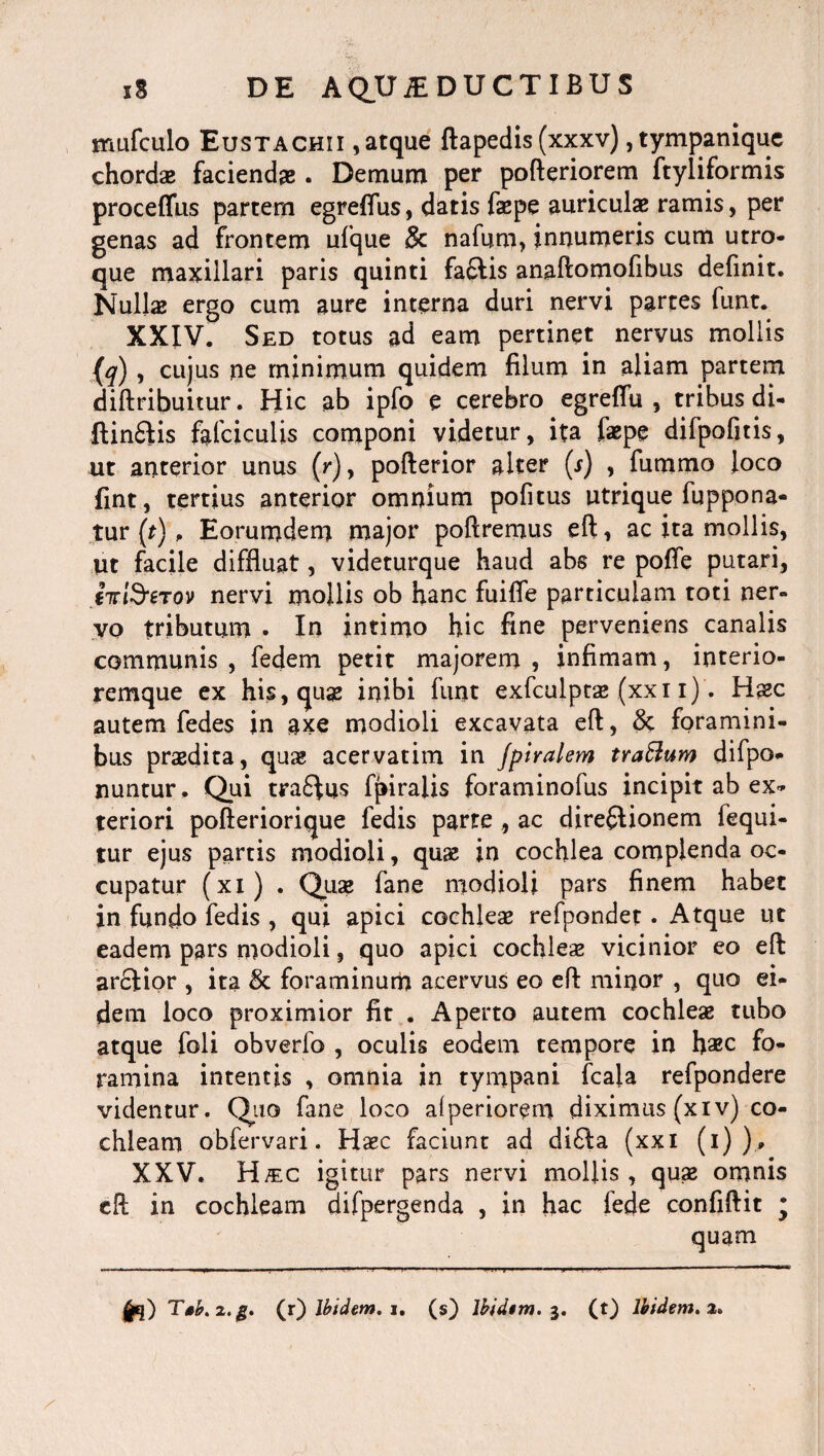 mufculo Eustachii ,atque ftapedis (xxxv), tympanique chordae faciendas. Demum per pofteriorem ftyliformis proceffus partem egreflus, datis faspe auriculae ramis, per genas ad frontem ufque & nafum, innumeris cum utro¬ que maxillari paris quinti faftis anaftotnofibus definit. Nulla ergo cum aure interna duri nervi partes funt. XXIV. Sed totus ad eam pertinet nervus mollis (q) , cujus ne minimum quidem filum in aliam partem diftribuitur. Hic ab ipfo e cerebro egreflu , tribus di- ftinftis falciculis componi videtur, ita faepe difpofitis, ut anterior unus (r), pofterior alter (s) , fummo loco fint, tertius anterior omnium pofitus utrique fuppona- tur (r) , Eorumdem major poftremus eft, ac ita mollis, Ut facile diffluat, videturque haud abs re pofle putari, iir&erov nervi mollis ob hanc fuifle particulam toti ner¬ vo tributum . In intimo hic fine perveniens canalis communis , fedem petit majorem , infimam, interio- remque ex his, quas inibi funt exfculptae (xxi i). Haec autem fedes in axe modioli excavata eft, & foramini¬ bus praedita, quae acervatim in Jpiralem traftum difpo- nuntur. Qui tra6fus fpiraiis foraminofus incipit ab ex¬ teriori pofteriorique fedis parre , ac directionem fequi- tur ejus partis modioli, quae in cochlea complenda oc¬ cupatur (xi) . Quas fane modioli pars finem habet in fundo fedis , qui apici cochleae refpondet. Atque ut eadem pars modioli, quo apici cochleae vicinior eo eft ar£tior , ita & foraminum acervus eo eft minor , quo ei¬ dem loco proximior fit . Aperto autem cochleae tubo atque foli obverfo , oculis eodem tempore in haec fo¬ ramina intentis , omnia in tympani fcala refpondere videntur. Quo fane loco alperiorem diximus (xiv) co¬ chleam obfervari. Haec faciunt ad di6ta (xxi (i) ), XXV. H/ec igitur pars nervi mollis , quae omnis eft in cochleam difpergenda , in hac fede confiftit •