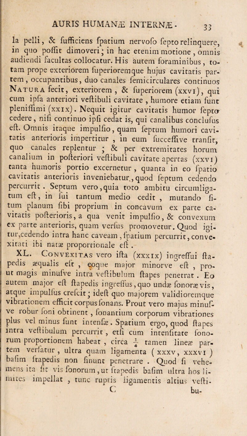 35 la pelli, & fufficiens fpatium nervofo fepto relinquere, in quo poffit dimoveri; in hac etenim morione , omnis audiendi facultas collocatur. His autem foraminibus, to¬ tam prope exteriorem fuperioremque hujus cavitatis par¬ tem , occupantibus, duo canales femicirculares continuos Natura fecit, exteriorem, & fuperiorem (xxvi), qui cum ipfa anteriori vertibuli cavitate , humore etiam fune pleniflimi (xxix). Nequit igitur cavitatis humor fepta cedere, nih continuo ipfi cedat is, qui canalibus conclufus ert.^ Omnis itaque impulfio, quam leptum humori cavi¬ tatis anterioris impertitur , in eum lucceffive tranfit, quo canales replentur ; & per extremitates horum canalium in pofteriori vertibuli cavitate apertas (xxvi) canta humoris portio excernetur , quanta in eo fpatio cavitatis anterioris inveniebatur, quod feptum cedendo percurrit. Septum vero,quia toto ambitu circumliga¬ tum eft, in lui tantum medio cedit , mutando fi» tum planum fibi proprium in concavum ex parte ca¬ vitatis pofterioris, a qua venit impulfio, 8c convexum ex parte anterioris, quam verfus promovetur. Quod igi¬ tur,cedendo intra hanc caveam , fpatium percurrit, conve¬ xitati ibi natae proportionale ert . XL. Convexitas vero irta (xxxix) ingreffui rta- pedis aqualis eft , eoque major minorve ert , pro¬ ut magis minufve intra vertibulum rtapes penetrat . Ea autem major eit ftapedis ingrefftis, quo unda fonoravis, atque impulfus crefcit; ideft quo majorem validioremque vibrationem efficit corpus fonans. Prout vero majus minuf¬ ve lODiu ioni obtinent , fonantium corporum vibrationes plus vel minus funt intenfa. Spatium ergo, quod rtapes intia vertibulum percurrit , etfi cum intenfitate fono- rum proportionem habeat , circa ~ tamen linea par¬ tem veriatur , ultra quam ligamenta ( xxxv, xxxvi j bafim ftapedis non finunt penetrare . Quod fi vehe¬ mens ita fit vis fonorum,ut ftapedis bafim ultra hos li¬ mites impellat , tunc ruptis ligamentis altius vefti- f * bu-