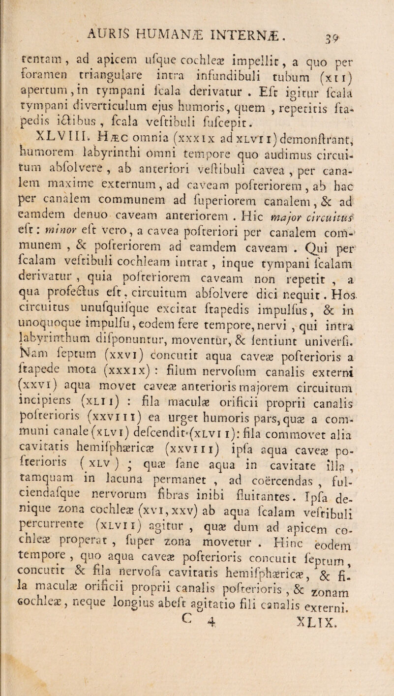 rcntam , ad apicem ufque cochleae impellit, a quo per foramen triangulare intra infundibuli tubum (xu) apertum,in tympani fcala derivatur. Eft igitur fcala tympani diverticulum ejus humoris, quem , repetitis fta- pedis i £1 ibus , fcala veftibuli fufcepit. XLV HL H/ec omnia (xxxix ad xlv’i i) demonftrant, humorem labyrinthi omni tempore quo audimus circui¬ tum ahfolvere , ab anteriori veftibuli cavea , per cana¬ lem maxime externum, ad caveam poftcriorem , ab hac per canalem communem ad fuperiorem canalem, 8c ad eamdem denuo caveam anteriorem . Hic vnajor circuitus eit i minor eft vero, a cavea pofteriori per canalem com¬ munem , St poiteriorem ad eamdem caveam . Qui per fcalam veftibuli cochleam intrat , inque tympani fcalam derivatur , quia poiteriorem caveam non repetit , a qua profecius eft, circuitum abfolvere dici nequit. Hos. circuitus unufquifque excitat ftapedis impulfus, & in unoquoque impulfu, eodem fere tempore, nervi , qui intra labyrinthum difponuntur, moventur, & lentiunt univerfi. Nam ieptum (xxvi) concutit aqua caveae pofterioris a Itapede mota (xxxix) : filum nervofum canalis externi (xxvi) aqua movet caveae anterioris majorem circuitum incipiens, (xu i) : fila maculae orificii proprii canalis pofterioris (xxvui) ea urget humoris pars,quae a com¬ muni canale(xlvi) defcendit*(xLvi i):fila commovet alia cavitatis hemifphaericse (xxvui) ipfa aqua cavejs po¬ fterioris ( xlv ) • quae fane aqua in cavitate illp , tamquam in lacuna permanet , ad coercendas , fui- ciendafque nervorum fibras inibi fluitantes. Ipfa de¬ nique zona cochleae (xvi,xxv) ab aqua fcalam veftibuli percurrente (xlvii) agitur , quae dum ad apicem co¬ chleae properat , fu per zona movetur . Hinc eodem tempore, quo aqua caveae pofterioris concutit feptum, concutit St fila rtervofa cavitatis hemifphaericae, St fi¬ la maculae orificii proprii canalis pofterioris , & zonam cochleae, neque longius abeft agitatio fili canalis externi. C V