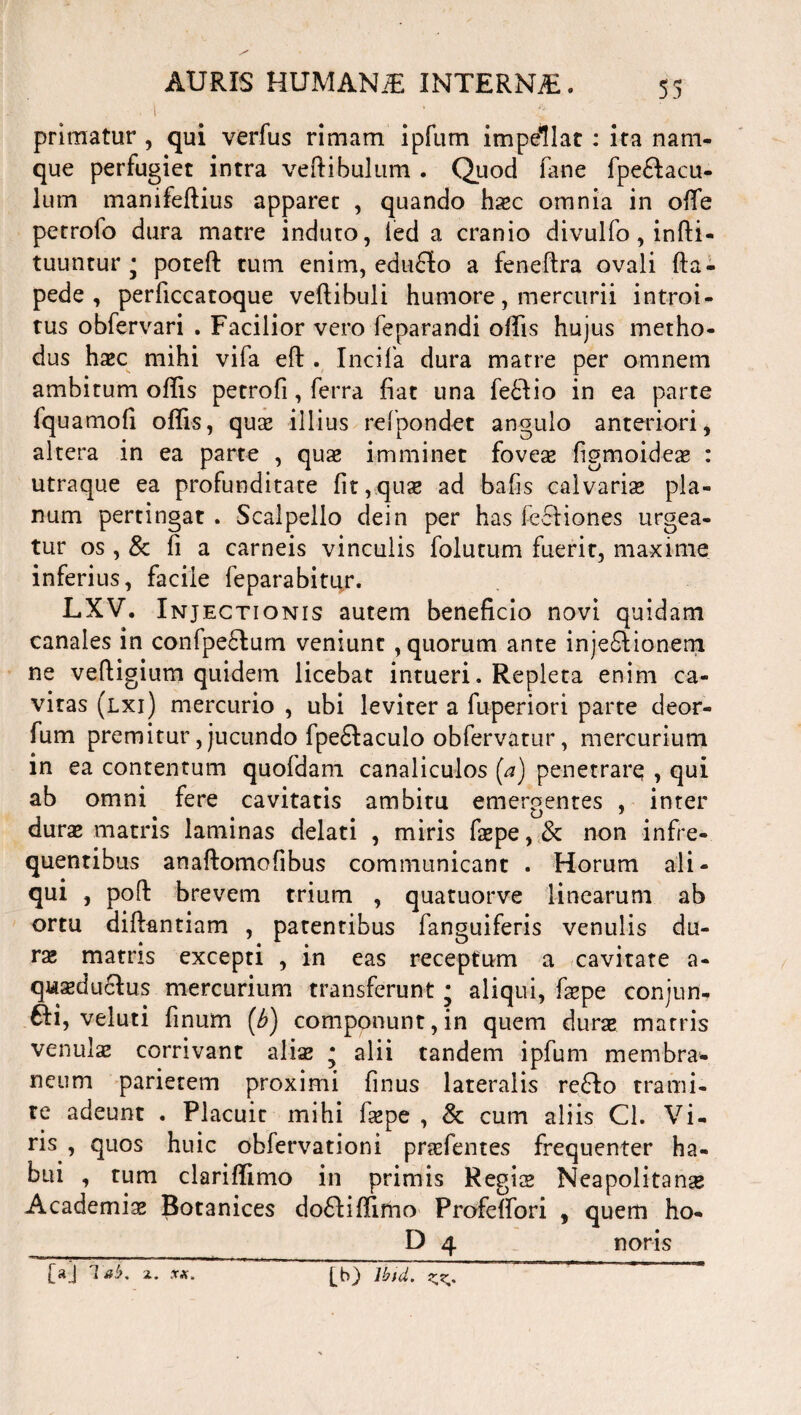 . 1 • £ primatur , qui verfus rimam ipfutn impdllat : ita nam¬ que perfugiet intra vertibulum . Quod fane fpe&acu- lum manifertius apparet , quando haec omnia in orte petrofo dura matre induto, led a cranio divulfo, infti- tuuntur • poteft tum enim, ednfto a feneftra ovali rta- pede , perficcatoque vertibuli humore, mercurii introi¬ tus obfervari . Facilior vero feparandi ortis hujus metho¬ dus haec mihi vifa eft . Incila dura matre per omnem ambitum ortis petrofi, ferra fiat una fe£Iio in ea parte fquamofi ortis, quae illius refpondet angulo anteriori, altera in ea parte , quae imminet foves figmoides : utraque ea profunditate fit,quae ad bafis calvariae pla¬ num pertingat . Scalpello dein per has feeliones urgea¬ tur os, & fi a carneis vinculis folutum fuerit, maxime inferius, facile feparabitur. LXV. I njectionis autem beneficio novi quidam canales in confpe£lum veniunt , quorum ante inje£lionem ne veftigium quidem licebat intueri. Repleta enim ca¬ vitas (lxi) mercurio , ubi leviter a fuperiori parte deor- fum premitur, jucundo fpe&aculo obfervatur, mercurium in ea contentum quofdam canaliculos [a) penetrare , qui ab omni fere cavitatis ambitu emergentes , inter durae matris laminas delati , miris faepe, & non infre¬ quentibus anaftomofibus communicant . Horum ali¬ qui , port brevem trium , quatuorve linearum ab ortu diftantiam , patentibus fanguiferis venulis du¬ rae matris excepti , in eas receptum a cavitate a- qusduclus mercurium transferunt; aliqui, faepe conjun- 6fi, veluti finum [b) componunt, in quem durae matris venulae corrivant aliae • alii tandem ipfum membra¬ neum parietem proximi finus lateralis re£Io trami¬ te adeunt . Placuit mihi faepe , & cum aliis Cl. Vi¬ ris , quos huic obfervationi prsfentes frequenter ha¬ bui , tum clarirtimo in primis Regis Neapolitanae Academiae Botanices do£tirtirno Profertori , quem ho- D 4 noris [aj 1ab. 2. .r*. [b) lbtd. ^.