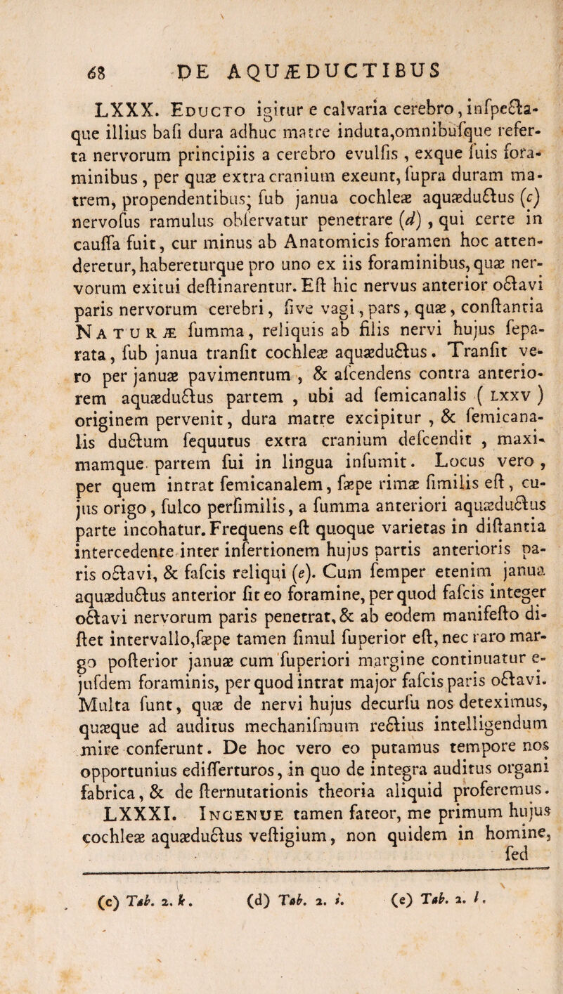 \ 6\% PE AQUEDUCTIBUS LXXX. Educto igitur e calvaria cerebro, infpe£la- que illius bafi dura adhuc matre induta,omnibufque refer¬ ta nervorum principiis a cerebro evulfis , exque luis fora¬ minibus , per quae extra cranium exeunt, lupra duram ma¬ trem, propendentibus* fub janua cochleae aquaedu£lus (c) nervofus ramulus obfervatur penetrare (d) , qui cerre in cauffa fuit, cur minus ab Anatomicis foramen hoc atten¬ deretur, habereturque pro uno ex iis foraminibus, quas ner¬ vorum exitui deftinarentur. Eft hic nervus anterior o£favi paris nervorum cerebri, five vagi, pars, quae, conflantia Na TURiE fumma, reliquis ab filis nervi hujus fepa- rata, fub janua tranfit cochleae aquaeduftus. Tranfit ve¬ ro per januae pavimentum , & afeendens contra anterio¬ rem aquaeduflus partem , ubi ad femicanalis ( lxxv ) originem pervenit, dura matre excipitur , & femicana¬ lis du£fum fequutus extra cranium defeendit , maxi- mamque partem fui in lingua infumit. Locus vero, per quem intrat femicanalem, faepe rimae fimilis eft, cu¬ jus origo, fulco perfimilis, a fumma anteriori aqusdu61us parte incohatur. Frequens eft quoque varietas in diftantia intercedente inter infertionem hujus partis anterioris pa¬ ris o£favi, & fafeis reliqui (e). Cum femper etenim janua aquaedu£Ius anterior fit eo foramine, per quod fafeis integer o£favi nervorum paris penetrat, & ab eodem manifefto di- ftet intervallo,faepe tamen fimul fuperior eft, nec raro mar¬ go poflerior januas cum fuperiori margine continuatur e- jufdem foraminis, per quod intrat major fafeis paris o£lavi. Multa funt, quae de nervi hujus decurfu nos deteximus, quaeque ad auditus mechanifmum reflius intelligendum mire conferunt. De hoc vero eo putamus tempore nos opportunius edifterturos, in quo de integra auditus organi fabrica, & de fternutationis theoria aliquid proferemus. LXXXI. Ingenue tamen fateor, me primum hujus cochleae aquaedu£lus veffigium, non quidem in homine, fed