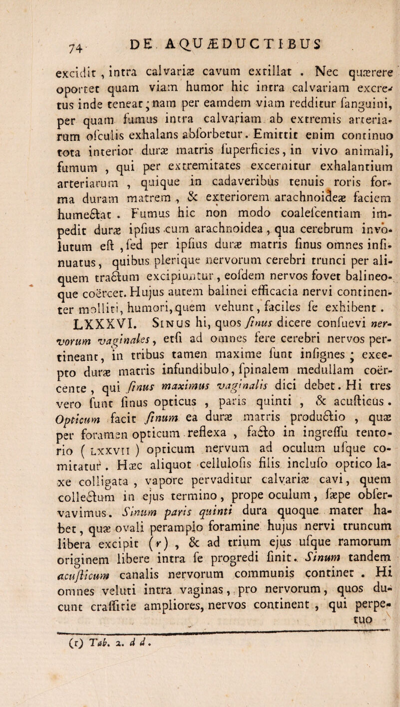excidit , intra calvaris cavum exrillat . Nec quaerere oportet quam viam humor hic intra calvariam excrea tus inde teneat;nam per eamdem-via.cn redditur (anguini, per quam fumus intra calvariam ab extremis arteria¬ rum ofculis exhalans abforbetur. Emittit enim continuo tota interior durae matris fuperficies, in vivo animali, furnum , qui per extremitates excernitur exhalantium arteriarum , quique in cadaveribus tenuis roris for¬ ma duram matrem , & exteriorem arachnoideae faciem hume&at . Fumus hic non modo coalefcentiam im¬ pedit durae ipfius cum arachnoidea, qua cerebrum invo- lutum eft ,fed per ipfms durae matris finus omnes infi- nuatus, quibus plerique nervorum cerebri trunci per ali¬ quem traftum excipiuntur , eoldem nervos fovet balineo¬ que coercet. Hujus autem balinei efficacia nervi continen¬ ter molliti, humori,quem vehunt, faciles fe exhibent. LXXXVT. Sinus hi, quos finus dicere confuevi ner- vorum va finales, etfi ad omnes fere cerebri nervos per¬ tineant, in tribus tamen maxime fune infignes ; exce¬ pto durae macris infundibulo, fpinalem medullam coer¬ cente , qui finus maximus vaginalis dici debet. Hi tres vero funt Unus opticus , paris quinti , & acufticus . Opticum facit finum ea durae matris produdlio , quae per foramen opticum reflexa , fa£lo in ingreflii tento¬ rio ( lxxvii ) opticum nervum ad oculum ufque co¬ mitatur . Haec aliquot celluiofis filis inclufo optico la¬ xe colligata, vapore pervaditur calvariae cavi, quem collectum in ejus termino, prope oculum, faepe obfer- vavimus. Sinum paris quinti dura quoque mater ha¬ bet , quae ovali peramplo foramine hujus nervi truncum libera excipit (r) , & ad trium ejus ufque ramorum originem libere intra fe progredi finit.. Sinum tandem acujlicum canalis nervorum communis continet . Hi omnes veluti intra vaginas, pro nervorum, quos du¬ cunt craffirie ampliores, nervos continent , qui perpe¬ tuo x (r) Tab. 2. d d.