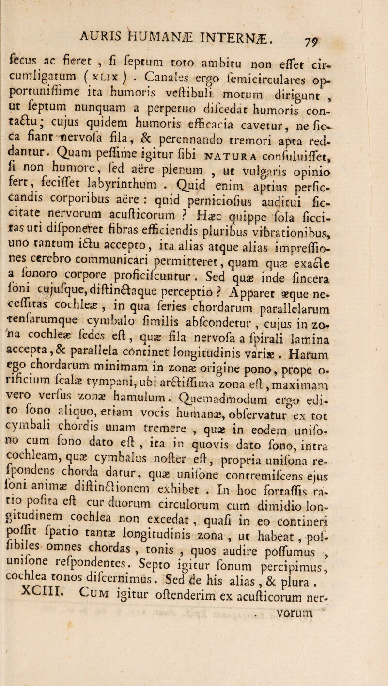 fecus ac fieret , fi reptum toto ambitu non efTet cir¬ cumligatum (xlix) . Canales ergo femi circulares op- portunifiime ita humoris veftibuli motum dirigunt ut feptum nunquam a perpetuo dilcedat humoris con- ta£lu5 cujus quidem humoris efficacia cavetur, ne fic* ca fiant ner vola fila, Sc perennando tremori apta red¬ dantur. Quam pefiime igitur fibi natura confuluiftet, fi non humoie, led aere plenum , ut vulgaris opinio fert, feciftet labyrinthum . Quid enim aptius perfic- candis corporibus aere : quid perniciofius auditui fic- citate nervorum acufticorum ? Hac quippe fola ficci- tas uti difponeret fibras efficiendis pluribus vibrationibus, uno tantum i£lu accepto, ita alias atque alias impreffio- nes cerebro communicari permitteret, quam quae exaae a. fonoro corpore proficifcuntur . Sed quas inde fincera Ioni cujufque,diftin£faque perceptio ? Apparet xque ne- ceffitas cochleas , in qua feries chordarum parallelarum tenfarumque cymbalo fimilis abfcondetur , cujus in zo¬ na cochlea; fedes eft, qux fila nervofa a Ipirali lamina accepta,8c parallela continet longitudinis varise . Harum ego chordarum minimam in zonx origine pono, prope o- rificium Ica-lae tympani,ubi araiffima zona eft,maximam vero verfus zonx hamulum. Quemadmodum ergo edi¬ to fono aliquo, etiam vocis nuiiianx, obfervatur ex tot cymbali chordis unam tremere , quas in eodem unifo- no cum fono dato eft , ita in quovis dato fono, intra cochieam, qux cymbaliis nofter eft, propria unifona re- ponderis chorda datur, qux uniibne contremifcens ejus iom animae diftinaionem exhibet . In hoc fortaffis ra¬ tio polita eft cur duorum circulorum cum dimidio lon- gitudmem cochlea non excedat, qiiafi in eo contineri pol it lpatio tanta longitudinis zona , ut habeat, pof- l1 1 es omnes chordas , tonis , quos audire poftumus , umjone refpondentes. Septo igitur fonum percipimus, cochlea tonos difeernmius. Sed de his alias , & plura . XCIII. Cum igitur oftenderim ex acufticorum ner¬ vorum
