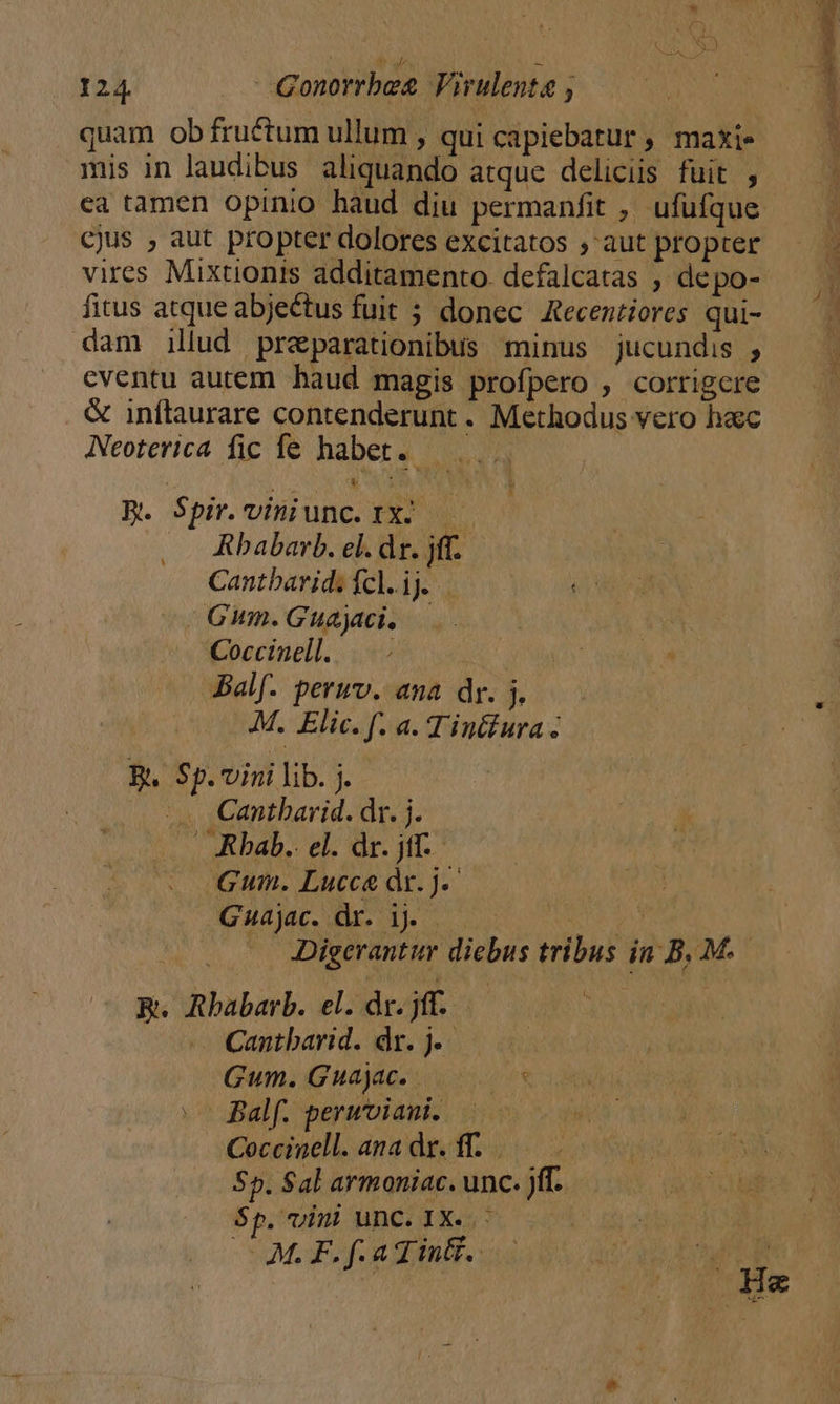 quam ob fructum ullum , qui capiebatur , maxi. mis in laudibus aliquando atque deliciis fuit , ea tamen opinio haud diu permanfit , ufufque. cjus , aut propter dolores excitatos , aut propter vires Mixtionis additamento. defalcatas ; depo- fitus atque abjectus fuit ; donec Recentiores qui- dam illud praeparationibus minus jucundis , cventu autem haud magis profpero , corrigere &amp; inítaurare contenderunt . Methodus vero hacc Neoterica fic fe habet. — B. Spir.viniunc. fX — Rbabarb. el. dr. jff. Cantbarid: ícl.ij | 20 Ginn.Guajaci. — Coccinell. —.- ! Balf. peruv. ana dr. j. M. Elic. f. a. Tintiura B. Sp.vini lib. j. .. Cantbarid. dr. j. ARbab.. el. dr. jff-- Gum. Lucce dr. j.- | pru eo ut o e e uM | ^. Digeranttr diebus tribus in B. M. E. Rbabarb. el. dr. jff.- | — Cantbarid. dr. j.. — Gum. Guajac. rdi -— alf. perwoiani. — Coccinell. ana dr. ff... S5. Sal armoniac. unc. )ff. $p. vini unc. IX..- M. F. f. a d in&amp;f.. L  He Mi
