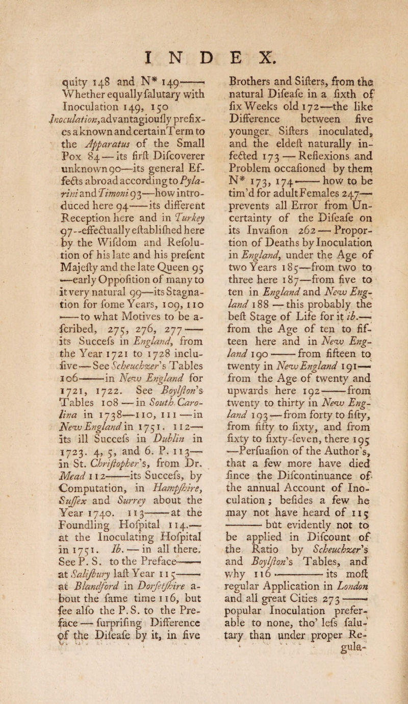 quity 148 and N* 149-* Whether equally falutary with Inoculation 149, 150 itf0f«/^/zW,advantagioufly prefix¬ es a known and certainT erm to the Apparatus of the Small Pox 84 — its firfl Difcoverer unknown 90—its general Ef¬ fects abroad according to Pyla¬ ri A and Limoni93—how intro¬ duced here 94-its different Reception here and in Turkey 97— efFe&amp;ually eftablifhed here by the Wifdom and Refolu- tion of his late and his prefent Majefty and the late Queen 95 «—early Oppofition of many to it very natural 99—its Stagna¬ tion for fome Years, 109, no --to what Motives to be a- feribed, 275, 276, 277-- its Succefs in England, from the Year 1721 to 1728 inclu- five — See Scbeuchzer s Tables 106-in New England for 1721, 1722. See Boyljlon s Tables 108 — in South Caro¬ lina in 1738—no, in—in New England in 1751* 112—~ its ill Succefs in Dublin in 1723. 4, 5, and 6. P. 113— in St. Chrijlopher s, from Dr. Mead 112-its Succefs, by Computation, in Hampjhirey Suffex and Surrey about the Year 1740. 113--at the Foundling Hofpital 114.—= at the Inoculating Hofpital in 1751. lb. — in all there. See P. S. to the Preface——— at Salijbury 1 aft Year 115- at Blandford in Dorfetjhire a- bout the fame time 116, but fee alfo the P.S. to the Pre¬ face — furprifing Difference Of the Difeafe by it, in five V'i *• j ■ i *4 &gt;. Brothers and Sifters, from the natural Difeafe in a fixth of fix Weeks old 172'—the like Difference between five younger Sifters inoculated,, and the eldeft naturally in- fefted 173 — Reflexions and Problem occafloned by them N* 173, 174--how to be tim’d for adult Females 247— prevents all Error from Un¬ certainty of the Difeafe on its Invafton 262—Propor¬ tion of Deaths by Inoculation in Englandy under the Age of two Years 185—from two to three here 187—from five to ten in England and New Eng¬ land 188 —this probably the beft Stage of Life for it ib.—= from the Age of ten to fif¬ teen here and in New Eng¬ land 190-from fifteen to twenty in New England 191 —— from the Age of twenty and upwards here 192-from twenty to thirty in New Eng¬ land 193 — from forty to fifty, from fifty to fixty, and from fixty to fixty-feven, there 195; —Perfuafion of the Author’s, that a few more have died fince the Difcontinuance of the annual Account of Ino¬ culation ; befides a few he may not have heard of 115 -but evidently not to be applied in Difcount of the Ratio by Scbeuchzers and Boyljlon s Tables, and why 116 --its moft regular Application in London and all great Cities 273-- popular Inoculation prefer¬ able to none, tho’ lefs falu¬ tary than under proper Re¬ gular