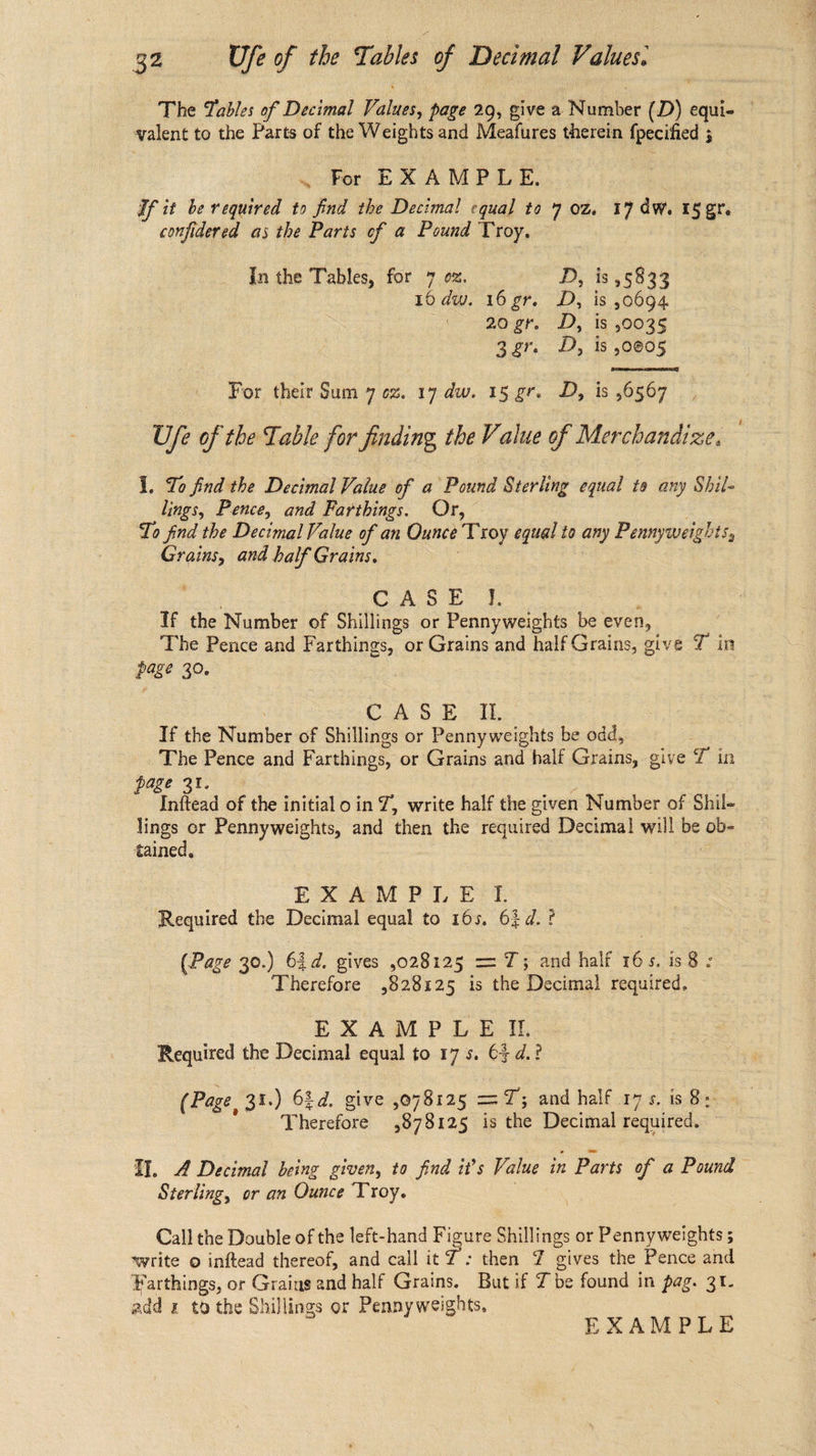 The Tables of Decimal ee page 29, givea Mole iD) equie walent to the Parts of the aes and Meafures therein fpecified 5 3 ~ For EXAMPLE, If it be required to find the Decimal equal to 7 0% 17 dw. 1g gr. confidered as the Parts of a Pound Troy, In the Tables, for 7 oz. D, is ,5833 16 dw. 16 gr. D, is 0694 R0gr. DD, ig 0025 ger. D, is ,0¢05 For their Sum 7 oz. 17 dw. 15 gr. D, is ,6567 Ufe of the Table for finding the Value of Merchandize. : 1. To jind the Decimal Value of a Pound Sterling equal te any Shil- lings, Pence, and Farthings. Or, To find the Decimal Value of an Ounce ‘Troy equal to any Pennyweights, etiag and half Grains. Cae bE If the Number of Shillings or Pennyweights be even, The Pence and F arthings, or Grains and half Grains, give TJ in pase 30. : C.A5 # oh, If the Siuate: of Shillings or eyes be odd, The Pence and F arthings, or Grains and half Grains, give T in page 31. Inftead of the initial o in Z, write half the given Number of Shil- a Pennyweights, and then the required Decimal will be ob- fained, | EXAMP I, E't. Required the Decimal equal to 165. 63d. ? (Page 30.) 63d. gives ,028125 == 7; and half ige is. 8 : Therefore 5928125 is the Decimal required. EXAM PIB IL Required the Decimal equal to 17s. 63 d.? (Page 31.) 63d. give ,o78125 = 7; and half 17s. is 8+ Therefore 5978125 is the Decimal required. Il. 4 Decimal being given, to find it’s Value in 2 Parts of a Pound Sterling, or an Ounce Troy. Call the Double of the left-hand Figure Shillings or Pennyweights ; ‘write o inftead thereof, and call it: then Z gives the Pence and Farthings, or Graing and half Grains. But if T be found in pag. 31. add x to the Shillings or Pennyweights, tXAMPLE