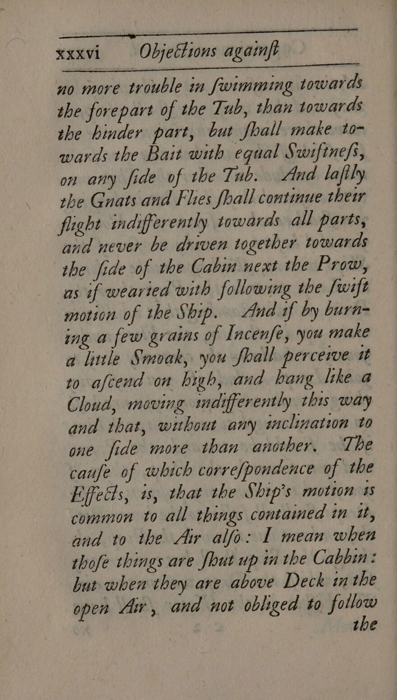 no more trouble in fwimming towards the forepart of the Tub, than towards the hinder part, but fhall make to- wards the Bait with equal Swiftne/s, on any fide of the Tab. And lafily she Gnats and Flies fhall continue thei fight indifferently towards all parts, and never be driven together towards the fide of the Cabin next the Prow, as if wearied with following the fwift motion of the Ship. And if by burn- ing a few grains of Incenfe, you make a lntle Smoak, you Shall perceive tt to afcend on high, and bang lke a Cloud, moving mdifferently this way and that, without any imclinatin to one fide more than another. The caufe of which correfpondence of the Effects, is, that the Ship's motion 4 common to all things contained in tt, and to the Air alfo: I mean when thofe things ave fbut up in the Cabbin: but when they ave above Deck i the open Liv , cand not obliged to piri | Vics