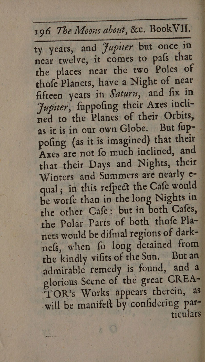 “gil wink tenn ia el al 196 The Moons about, &amp;c. Book VII. Sth es a ede aeiaaeMe i rere se ty years, and Fupiter but once in near twelve, it comes to pafs that 3 the places near the two Poles of — thofe Planets, have a Night of near fifteen years in Saturn, and fix in Fuputer, fuppofing their Axes incli- med to the Planes of their Orbits, as it is in our own Globe. But fup- - pofing (as it is imagined) that their Axes are not fo much inclined, and that their Days and Nights, their Winters and Summers are nearly e- — qual; in this refpect the Cafe would — be worfe than in the long Nights in — the other Cafe: but in both Cafes, the Polar Parts of both thofe Pla- nets would be difmal regions of dark- nefs, when fo long detained from the kindly vifitsof the Sun. But an admirable remedy is found, and a glorious Scene of the great CREA~ TOR’s Works appears therein, as will be manifeft by confidering pat- ticulars