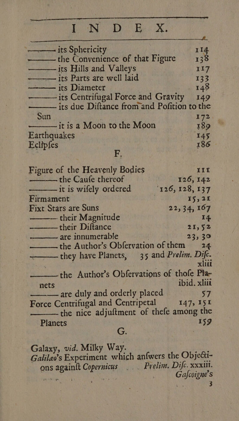 how Do Be [eee eEEnnnnn nce en ee ee ~—————~ its Sphericity 114 the Convenience of that Figure 138 its Hills and Valleys 117 — its Parts are well laid 133 —~—— its Diameter 148 ————~ its Centrifugal Force and Gravity 149 its due Diftance from’and Pofition to the Sun 172 it is a Moon to the Moon 189 Earthquakes — 145 Eclipfes 186 - BP Figure of the Heavenly Bodies 11f —— the Caufe thereof 126, 142 it is wifely ordered ‘126, 128, 137 Firmament . 15,22 Fixt. Stars are Suns 22,34, 167 their Magnitude 14 their Diftance 205 Sm are innumerable 23,30 the Author’s Obfervation of them 24 they have Planets, 35 and Prelim. Difc. xt -the Author’s Obfervations of thofe Pla- nets ibid. xliit —__— are duly and orderly placed 57 Force Centrifugal and Centripetal 147, 15E the nice adjuftment of thefe among the Planets 159 G. : Galaxy, vid. Milky Way. peta Galilao’s Experiment which an{wers the Objeati- ons againft Copernicus... Prelim. Difc. xxxiit. ene eR sath Gafcoigne’s bite 3