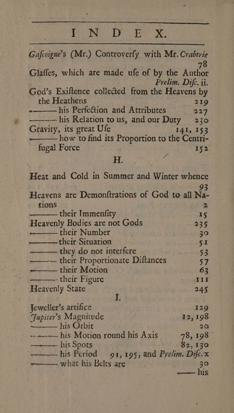 ea es AR Sh Gafcoigne’s (Mr.) Controverfy with Mr. Crabtrie 8 Glafles, which are made ufe of by the ache Prelim. Difc. ii. God’s Exiftence collected from the Heavens by the Heathens 219 «—-—— his PerfeGtion and Attributes 227 his Relation tous, and our Duty 230 Gravity, its greatUfe 141, 153 ~———~ how to find its Proportion to the Centri- fugal Force | 152 : H. i Heat and Cold in Summer and Winter whence | 93 Heavens are Demonftrations of God to all Na- tions | 2 their Immenfity | 15 Heavenly Bodies are not Gods 235 their Number 30 their Situation 5 : they do not interfere 53. ——_—~— their Proportionate Diftances 57 ———— their Motion ! 63 -their Figure sp yqh Heavenly State ; 245 Jeweller’s artifice 129 Fupiter’s Magnitude 12,198 ———— his Orbit a 20 “ his Motion round his Axis 78, 198 7 his Spots $2,130 rf his Period 91, 195, and Prelim. Dife.x | what his Belts are 39 —— his