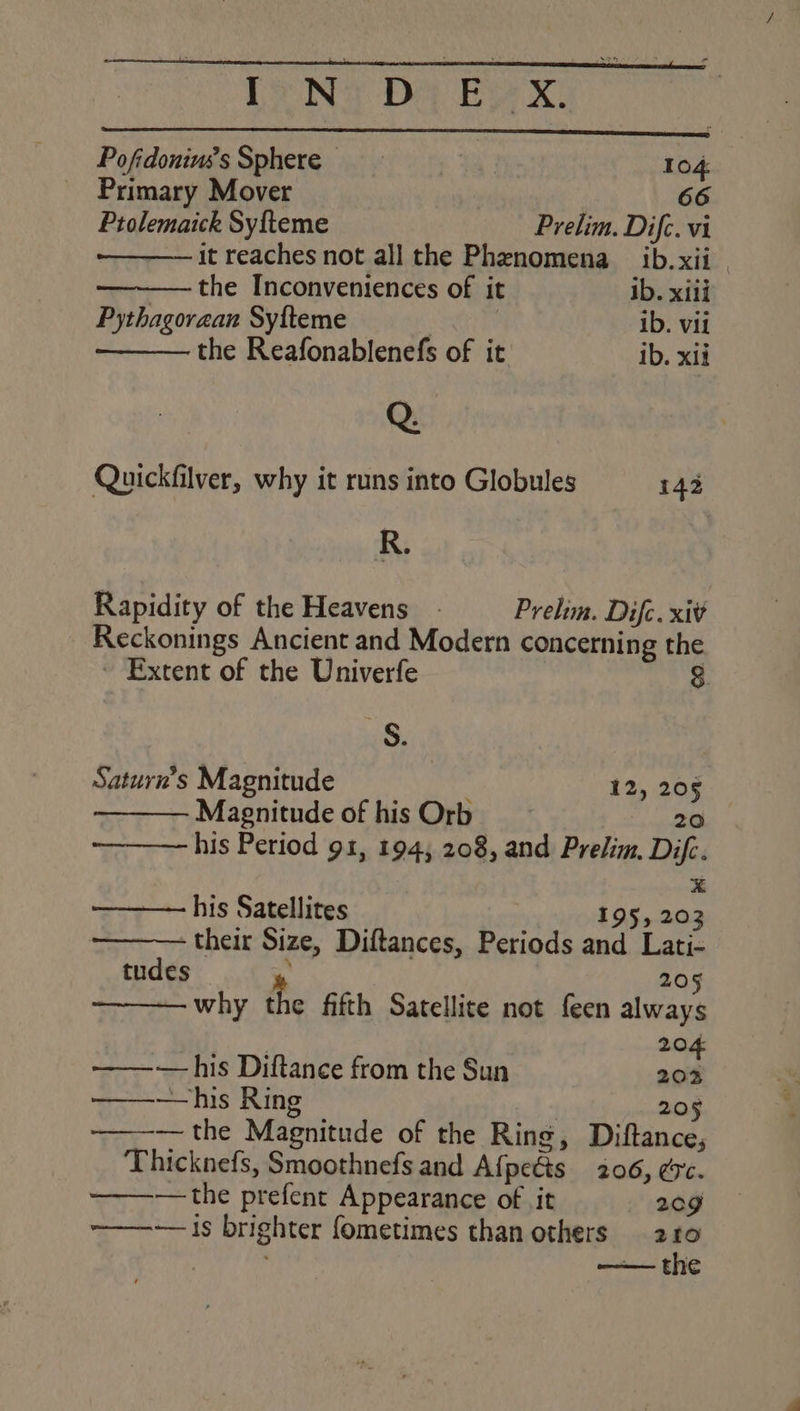 Pofidoninss Sphere | 104 Primary Mover 66 Ptolemaick Sy{fteme Prelim. Difc. vi it reaches not all the Phenomena ib. xii _ the Inconveniences of it ib. xiii Pythagoraan Sy{teme | . ib. vil the Reafonablenefs of it: ib. xii Q. Quickfilver, why it runs into Globules 143 Rapidity of the Heavens - Prelim. Difc. xi¥ Reckonings Ancient and Modern concerning the - Extent of the Univerfe | a Saturn’s Magnitude | 12, 205 Magnitude of hisOrb 20 ~——— his Period 91, 194, 208, and Prelim. Difc. x —— his Satellites 195, 203 - their Size, Diftances, Periods and Lati- idee: ota 205 why the fifth Satellite not feen always . 204 ——— his Diftance from the Sun 203 ————~his Ring | 2O¥ -—_—— the Magnitude of the Ring, Diftance, Thicknefs, Smoothnefs and Afpeéts 206, ec. ———— the prefent Appearance of it 209 ~——~— 1s brighter fometimes than others 210 — the