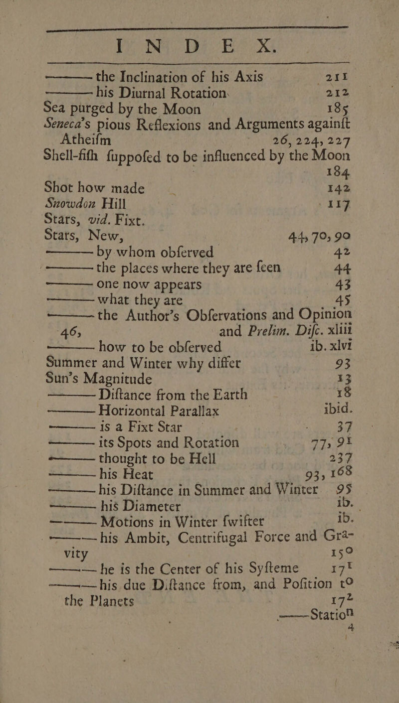 Ye DNA TE TS the Inclination of his Axis ete his Diurnal Rotation, 212 Sea purged by the Moon 185 Seneca’s pious Reflexions and Arguments again{t Atheifm 26, 224, 227 Shell-fith fuppofed to be influenced by the dp 184 Shot how made _ 142 Snowdon Hill | 117 Stars, vid. Fixt. Stars, New, 44) 793 99 by whom obferved 42 the places where they are feen 44, one now appears Bs what they are 45 -———the Author’s Obfervations and Opinion 465 and Prelim. Difc. xliit how to be obferved ib. xlvi Summer and Winter why differ 93 Sun’s Magnitude 13 Diftance from the Earth 18 Horizontal Parallax ibid. ——— isa Fixt Star — era -_——— its Spots and Rotation 772 9% -——— thought to be Hell 237 his Heat 93, 168 ——— his Diftance in Summer and Winter. 95 ———— his Diameter = Motions in Winter fwifter 1b. -——-—his Ambit, Centrifugal Force and Gra- vity 159° ———— he is the Center of his Syf{teme 17! ———his due Diftance from, and Pofition t? the Planets 17* fa——-tatio™ 4