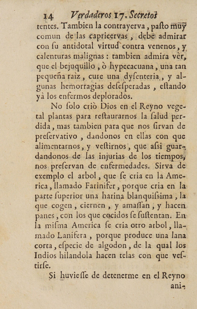rentes. Tambien la CONtrayerva, palto muy comun de las capticervas , debe: admirar con lu antidotal virtud contra venenos, y calenturas malignas : tambien admira ver, que el. bejuquillo, O hypecacuana, una ran pequeña raiz , cure una dyfenteria,, y al- gunas hemortagias delelperadas , eltando ya los enfermos deplorados, No folo crio Dios enel Reyno vege- tal plantas para reftaurarnos la falud per- dida , mas tambien para que nos lirvan de =prelervativo, dandonos en ellas con que alimentarnos , y veltirnos, que afsi guar dandonos. de las injurias de los tiempos; nos. prelervan de enfermedades. Sirva de exemplo el arbol, que fe cria en la Ame- rica, llamado Fañdifer , porque cria en la parte fuperior una harina blanquiísima, la. que cogen, ciernen , y amaflan , y hacen panes, con los que cocidos le olaa En la mifma America [e cria otro arbol, lla-. mado Lanifera , porque produce una lana corta, elpecic de algodon, de la qual los Íidlos hilandola hacen telas con que vef- tiríe. Si huvicíle de detenerme en el Reyno ani