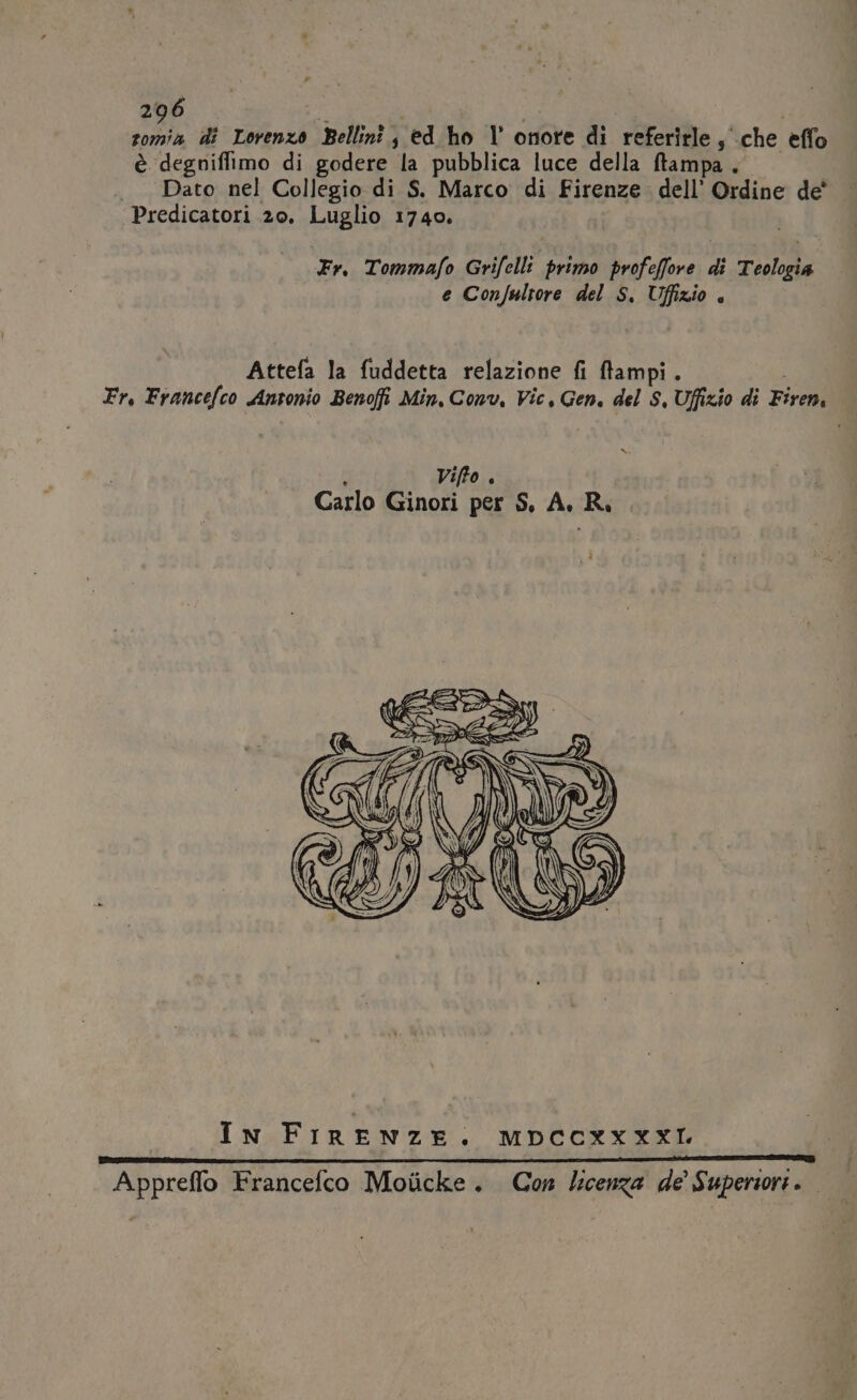 somia dî Lorenzo Bellinî , ed ho l' onore di referirle ‘ ‘che effo è degniffimo di godere la pubblica luce della ftampa . | Dato nel Collegio di S. Marco di Firenze. dell’ ‘Ordine de Predicatori 20. Luglio 1740. Fr Tommafo Grifelli primo profeffore di Teologia e Confultore del S, Uffizio è Attefa la fuddetta relazione fi ftampi . Fr, Francefco Antonio Benofi Min, Conv, Vic, Gen. del S, Uffizio di Firen, = In FIRENZE. MDCCXXxXXI mcni-rrPrT_rT—r_—_—_mm_m——_———m——————————._É._————____m__—_—__—@—@Ésusme@Q@rentQà Appreffo Francefco Moticke. Con lcenza de Superiori.