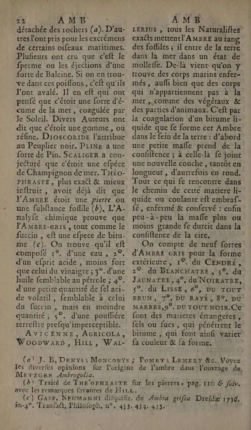 détachée des rochers (a). D’au- tres l'ont pris pour les excrémens de certains oifeaux maritimes. Plufieurs ont cru que c'eft le fperme ou les éjeétions d’une forte dé Baleine. Si on en trou- ve dans ces poiffons, c’eft qu'ils l'ont avalé. 11 en eft qui ont penfé que c'étoit une forte d’é- cume de la mer, coagulée par le Soleil. Divers Auteurs ont dit que c'étoit une gomme , ou réfine. DioscoriDE l’attribue au Peuplier noir. PLINE a une forte de Pin. SCALIGER a con- jecturé que c'étoit une efpéce de Champignon de mer. TH£0O- PHRASTE, plus exaët &amp; mieux inftruit , avoit déjà dirt que PJAMBRE étoit une pierre ou une fubftance foflile (b). L’A- naly{é chimique prouve que YAMBRE-GRIS , tout comme le fuccin , eft une efpece de bitu- me (c). On trouve qu'il eft compofé 1°. d’une eau , 2°. d'un efprit acide, moins fort que celui du vinaigre ; 3°. d'une huile femblable au pétrole ; 49. d'une petite quantité de {el aci- de volatil , femblable à celui du fuccin , mais en moindre quantité ; $°. d'une pouflére terreftre prefqu’imperceptible. AVICENNE, ÂGRICOLA, WoonpwarD, Hizz, Wai- LERIUS , tous les Naturaliftes' exacts mettentl'AMBRE auftang des fofliles ; il entre de la terre dans la mer dans un état de molleffe. De-là vient: qu'on y trouve des corps marins enfer- més, aufli bien que des corps qui n'appattiennent pas à la mer,,comme des végétaux &amp;c des parties d'animaux. C'eft par la coagulation d'un bitume li- quide que fe forme cet Ambre dans le fein de la terre : d’abord une petite mafle prend de la confiftence ; à celle-là fe joint une nouvelle couche , tantôt en longueur , d'autrefois en rond. Tout ce qui fe rencontre dans le chemin de cette matiere li- quide ou coulante eft embraf- {é , enfermé &amp; confervé : enfin peu-à-peu la mafe plus ou moins grande fe durcit dans la confiftence de la cire, On compte de neuf fortes d'AMBRE GRIS pour la forme extérieure ,. 1°. du CENDRÉ , 2. du BLANCHATRE , 3°, du JAUNATRE , 4°, du NOIRATRE, 5°. du LissE, 6°, Du Tour BRUN, 7°. DU RAYÉ, 89, DU MARBRE,9°. DU TOUT NOIR.CE font des matieres étrangeres , fels ou fucs, qui pénétrent le bitume , qui font ainfi varier fa couleur &amp; fa forme. 1es diverfes opinions METZGER Ambrogolia.