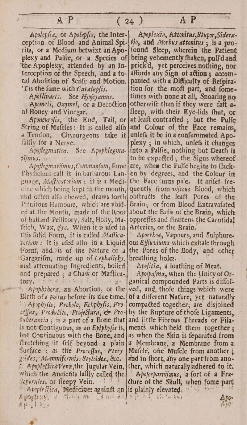 Apoplexia, Attonitus,Stupor,Sidera- ception of Blood and Animal Spi-|tio, and Morbus attonitus ; is a pro- rits, or a Medium betwixt anApo-|found Sleep, wherein the Patient plexy and Palfie, or a Species of| being vehemently fhaken, pull’d and ‘the Apoplexy, attended by an In-|prick’d, yet perceives nothing, nor terception of the Speech, ‘and a to-| affords any Sign of a&amp;ion ; accom- tal Abolition of Senfe and Motion. | panied with a Difficulty of Refpira- Tis the fame with Catalepfis. | \tion for the moft part, and fome- Apollinaris. See Hyofcyamus. times with none at all, Snoaring no Apomeli, Oxymel, or a Decottion | otherwife than if they were faft ae of Honey and Vinegar. -. ° |fleep, with their Eye-lids fhut, or Aponeurofis, the End, Tail, orjat leaft contrafted ; but the Pulfe String of Mufcles: It is called alfojand Colour of the Face remains, a Tendon, Chyrurgeons take it}unlefs it be in aconfummated Apo- falfly for a Nerve. plexy ; in which, unlefs it changes Apoflegmatica. Sce Apophlegma-\into a Palfie, nothing but Death is Hjmuse we ot - ~ 1to be expeéted ; the Signs whereof A poflegmatifmus,Commanfum, fome|are, whea the Pulfe begins to flack- Phyficians call it in barbarous Lan-|en by degrees, and the Colour in guage, Mafticatorium; it isa Medi-jthe Face turns pale. It arifes fre- cine which being kept in the mouth,/quently from vifcous Blood, which and often alfo chewed, draws forth|obfiruéts the leaft Pores of the Pituitous Humours, which are void-| Brain, or from Blood Extravafated ed at the Mouth, made of the Roor|about the Batis of the Brain, which of baftard Pellitory, Salt, Holly, Ma-| oppreffes and ftraitens the Carotida] Stich, Wax, gsc. When it is ufed in| Arteries, or the Brain. | this folid Form, itis called Maflica-|~ Aporrbog, Vapours, and Sulphure- torium ¢ [tis ufed alfo in a Liquid |ous Effuviums which exhale through _ Forni, andvis of the Nature of a{the Pores of the Body, and other ‘Gargarifm, made up of Cephalicks,| breathing holes. ; ) ‘and attenuating Ingredients, boiled; Apefitia, a loathing of Meat. and prepared ; a Chaw or Maftica-| Apo(pafma, when the Unity of Or- tory, se eo Se 8 tgs | ganical compounded Parts is diffol- - Apophthora, an Abortion, or the|ved, and, thofe things which were Birth of a Fwtus before its due time. |Of-a different Nature, yet ‘naturally ' Apophyfis, Probole, Echphyfis, Pro-| compacted together; are disjoined ceffus, Productio, Projectura,'¢ Pro-|by the Rupture of thofe Ligaments, tuberantia , is a part of a Bone that|and little Fibrous Threads or Fila- is not*€ontiguous, as an Epiphyfis is,| ments which:held them together ; bat Continuous with the Bone, andjas when the Skin is feparated from firetchiog \it felf beyond a plainja Membrane, @ Membrane ‘from a Surface ; as the Precept Mufcle, ote Mufcle from another ; guides, Murmmiforeis; Styloides, &amp;c. }and in fhort, any one part from ano- * ApopletticeVene,the Jugular Vein,} ther, which naturally adhered to it. which the Anoients fallly called the] © Apofceparnifmus, ‘a fort of a Fra¢ Soporales, or fleepy Vein. -' * ‘: |éture of the’ Skull, when fome part Apoplectica, Medicines againft an|is plainly elevated. “=. So | tf A paplexy:’ See) Se, Mae ee ee Se Apéoe Eby y aye Apolepfia, or Apolepfis, the Inter- o &amp;