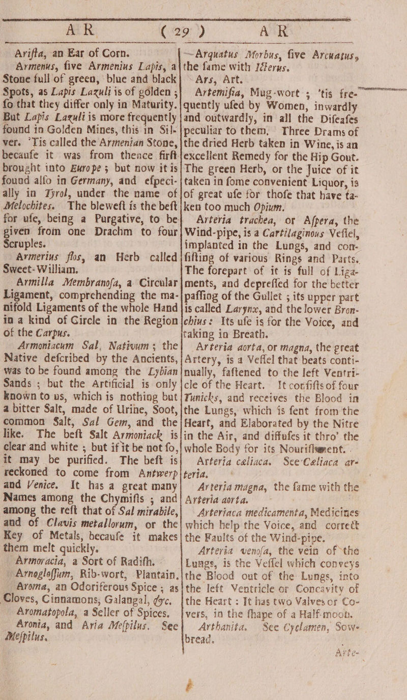 AR (29°) AR Arifta, an Ear of Corn. | Arquatus Morbus, five Arcuatus, Armenus, five Armenius Lapis, a\the fame with Iferus. Stone full of green, blue and black] © Ars, Art. | Spots, as Lapis Lazuliis of golden 3} Artemifia, Mug-wort ; ‘tis fre- {o that they differ only in Maturity. |quently ufed by Women, inwardly But Lapis Lazuli is more frequently |and outwardly, in all the Difeafes found in Golden Mines, this in Sil-|peculiar to them, Three Drams of ver. ‘Tis called the Armenian Stone, |the dried Herb taken in Wine, is an becaufe it was from thence firftjexcellent Remedy for the Hip Gout. brought into Europe; but now itis/The green Herb, or the Juice of it found alfo in Germany, and efpeci-|taken in fome convenient Liquor, is ally in Tyrol, under the name of|of great ufe for thofe that have ta- Melochites. The bleweft is the beft|ken too much Opium. for ufe, being a Purgative, to be} Arteria trachea, or Afpera, the “ia from one Drachm to four}|Wind-pipe, is a Cartilaginous Veflel, cruples. implanted in the Lungs, and con- Armerius flos, an Herb called Sweet- William. Armilla Membranofa, a Circular Ligament, comprehending the ma- nifold Ligaments of the whole Hand in a kind of Gircle in the Region of the Carpus. Armoniacum Sal, Nativum: the Native defcribed by the Ancients, was to be found among the Lybian Sands ; but the Artificial is only known to us, which is nothing but a bitter Salt, made of Urine, Soot, common Salt, Sal Gem, and the like. The beft Salt Armoniack is clear and white ; but if it be not fo, it may be purified. The beft is reckoned to come from Antwerp and Venice. It has a great many Names among the Chymifis ; and among the reft that of Sal mirabile, and of Clavis metallorum, or the Key of Metals, becaufe it makes them melt quickly. Armoracia, a Sort of Radifh, Arnogloffum, Rib-wort, Plantain, Aroma, an Odoriferous Spice ; as Cloves, Cinnamons, Galangal, dsc. Aromatopola, a Seller of Spices. Aronia, and Aria Melpilus. See Mefpilus. a The forepart of it is full of Liga- ments, and depreffed for the better paffiog of the Gullet ; its upper part is called Larynx, and the lower Bron- chius: Its ufe is for the Voice, and taking ia Breath. i a Arteria aorta, or magna, the great Artery, is a Veffel that beats conti- nually, faftened to the left Ventri- cle of the Heart. It corfifts of four Tunicks, and receives the Blood in the Lungs, which is fent from the Heart, and Elaborated by the Nitre in the Air, and diffufes it thro’ the whole Body for its Nouriflwrent. . Arteria caliaca. See’Celiaca ar- teria. Arteria magna, the fame with the Arteria aorta. ; Arteriaca medicamenta, Medicines which help the Voice, and correct the Faults of the Wind-pipe. Arteria venofa, the vein of the Lungs, is the Veffel which conveys the Blood ont of the Lungs, into the left Ventricle or Concavity of the Heart : It has two Valves or Co- vers, in the fhape of a Half-moob. Arthanita. See Cyclamen, Sow- bread. DOC