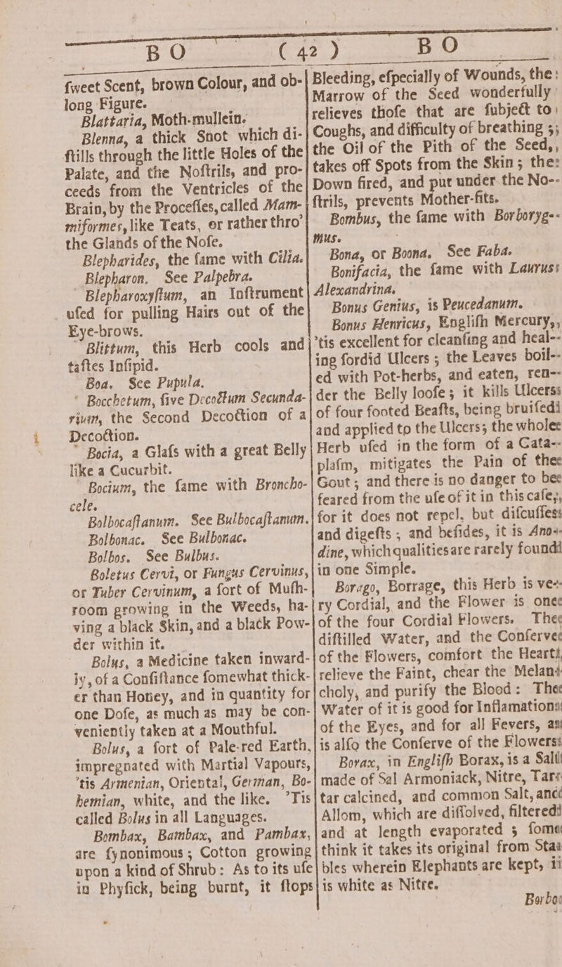 St ee ee Se eee Re {weet Scent, brown Colour, and ob- long Figure. Blattaria, Moth-mullein. Blenna, a thick Snot which di- ftills through the little Holes of the Palate, and tte Noftrils, and pro- ceeds from the Ventricles of the Brain, by the Proceffes, called Mam- miformes, like Teats, or rather thro’ the Glands of the Nofe. Blephavides, the fame with Cilia. Blepharon. See Palpebra. ~ Blepharoxyftum, an Inftrument ufed for pulling Hairs out of the Eye-brows. Blittum, this Herb cools and taftes Infipid. Boa. Sce Pupula. * Bocchetum, five Decoétum Secunda- riun, the Second Decottion of a Decottion. Bocia, a Glafs with a great Belly like a Cucurbit. Bocium, the fame with Broncho- cele. Bolbocaftanum. See Buibocaftanum. Bolbonac. See Bulbotiac. Bolbos. See Bulbus. Boletus Cervi, or Fungus Cervinus, or Tuber Cervinum, a fort of Mufh- room growing in the Weeds, ha- ving a black Skin, and a black Pow- der within if. Bolus, a Medicine taken inward- iy, of a Confiftance fomewhat thick- er than Hotiey, and in quantity for one Dofe, as much as_may be con- veniently taken at a Mouthful. Bolus, a fort of Pale-red Earth, impregnated with Martial Vapours, tis Avimenian, Oriental, German, Bo- hemian, white, and the like. °Tis called Bolus in all Languages. Bombax, Bambax, and Pambax, are {ynonimous ; Cotton growing upon a kind of Shrub: As to its ufe in Phyfick, being burnt, it ftops Bleeding, efpecially of Wounds, the: Marrow of the Seed wonderfully relieves thofe that are fubjeét to) Coughs, and difficulty of breathing 5; the Oil of the Pith of the Seed,, takes off Spots from the Skin; the: Down fired, and put under the No-- ftrils, prevents Mother-fits. ~ Bombus, the fame with Borboryg-- MUS. Bona, or Boona, See Faba. Bonifacia, the fame with Lauruss Alexandrina. Bonus Genius, is Peacedanum. Bonus Henricus, Englifh Mercury,, tis excellent for cleanfing and heal-- ing fordid Ulcers ; the Leaves boil-- ed with Pot-herbs, and eaten, ren-- der the Belly loofe; it kills Ulcerss of four footed Beafts, being bruifedi and applied to the Ulcers; the wholes Herb vfed in the form of a Cata-- plafm, mitigates the Pain of thee Gout; and there is no danger to bee feared from the ufe of it in this cafe,, for it does not repel), but difcuffess and digefts ; and befides, it is Anos. dine, whichqualitiesare rarely foundd in one Simple. Borago, Borrage, this Herb 1s ve-- ry Cordial, and the Flower is one of the four Cordial Flowers. Thee diftilled Water, and the Confervec of the Flowers, comfort the Heart/ relieve the Faint, chear the Melan¢ chely, and purify the Blood: The Water of it is good for Inflamations of the Eyes, and for all Fevers, ai is alfo the Conferve of the Flowers’ Borax, in Englifh Borax, is a Saltl made of Sal Armoniack, Nitre, Tare tar calcined, and common Salt, anc Allom, which are diffolved, filteredi and at length evaporated 5 fome: think it takes its original from Staa bles wherein Elephants are kept, ti is white as Nitre. Barbar