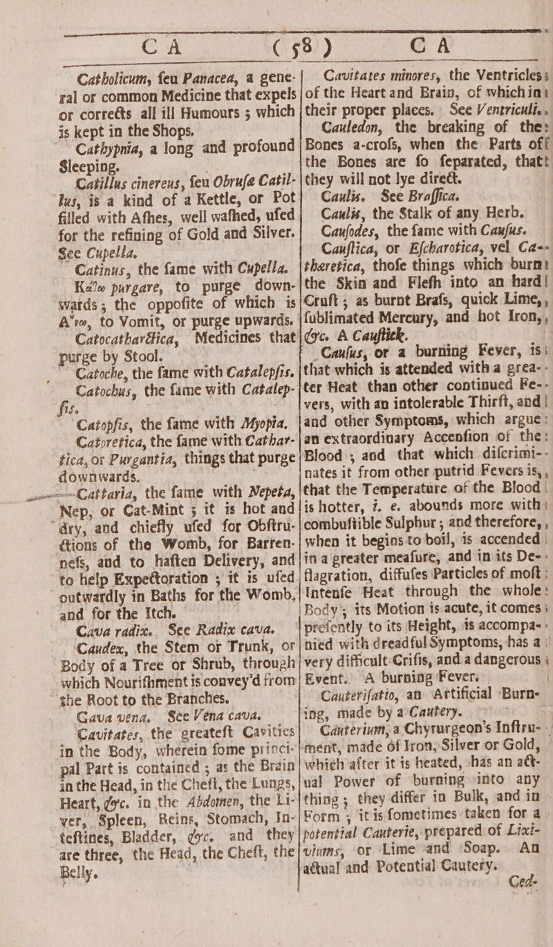 Catholicum, feu Panacea, a gene-| Cavitates minores, the Ventricless ral or common Medicine that expels | of the Heart and Brain, of whichiot or corretts all ill Humours ; which |their proper places. See Ventriculi.. is kept in the Shops, ) Cauledon, the breaking of the: ” Cathypnia, a long and profound |Bones a-crofs, when the Parts off Sleeping. . the Bones are fo feparated, thatt Catillus cinereus, feu Obrufa Catil-|they will not lye direét. lus, is a kind of a Kettle, or Pot} Caulis. See Braffica. filled with Afhes, well wafhed, ufed| Caulis, the Stalk of any Herb. for the refining of Gold and Silver.| | Caujodes, the fame with Caujus. ‘See Cupella. Cauftica, or Efcharotica, vel Ca-- ” Catinus, the fame with Cupella. |theretica, thofe things which burn! K-lo purgare, to purge down-|the Skin and Flefh into an hard | wards; the oppofite of which is|Cruft; as burnt Brafs, quick Lime, , A’ro, to Vomit, or purge upwards. |fublimated Mercury, and hot Iron,, Catocathar&amp;ica, Medicines that\@y'c A Cauftick. | purge by Stool. _Caufus, or a burning Fever, 1si _” Catoche, the fame with Catalepfis. {that which is attended with a grea-- Catochus, the fame with Catalep- |ter Heat than other continued Fe-- Se | ~~ |vers, with an intolerable Thirft, and | ‘Catopfis, the fame with Myopia, |and other Symptoms, which argue: Catoretica, the fame with Cathar-|an extraordinary Accenfion of the: tica, or Purgantia, things that purge|Blood , and that which difcrimi-- downwards. nates it from other putrid Fevers is, , own Cattaria, the fame with Nepeta,|that the Temperature of the Blood | Nep, or Cat-Mint 5 it is hot and/is hotter, 7. e. abounds more with) ‘dry, and chiefly ufed for Obftru- | combuftible Sulphur ; and therefore, , ‘ations of the Womb, for Barren-| when it begins to boil, 1s accended | nefs, and to haften Delivery, and|in a greater meafure, and in its De-> to help Expettoration ; it is ufed, flagration, diffufes Particles of moft : outwardly in Baths for the Womb, Intenfe Heat through the whole: and for the Itch. — ‘Body’; its Motion is acute, it comes i Cava radix. See Radix cava. ‘|prefently to its Height, 1s accompa-: Caudex, the Stem or Trunk, or} nied with dreadful Symptoms, has a) Body of a Tree or Shrub, through/ very difficult Crifis, and a dangerous | which Nourifhment is convey'd from) Event. A burning Fever. | the Root to the Branches. Cauterifatio, an Artificial Burn Gava vena. See Vena cava. ing, made by a Cautery. | ‘Cavitates, the greateft Cavitics Caduterium, a Chyrurgeon’s Inftru- - in the Body, wherein fome princi-}ment, made of Iron, Silver or Gold, | pal Part is contained ; as the Brain} which after it is heated, +has an adt- in the Head, in the Chefl, the Lungs,|ual Power of burning into any Heart, gsc. in the Abdomen, the Li-|thing ; they differ in Bulk, and in ver, Spleen, Reins, Stomach, In-|¥orm ; itis fometimes taken for a. teftines, Bladder, goc. and they potential Cauterie, prepared of Lixi- are three, the Head, the Cheft, the| vfs, or Lime and ‘Soap. An Belly. actual and Potential Cautery. : ae / Ce .