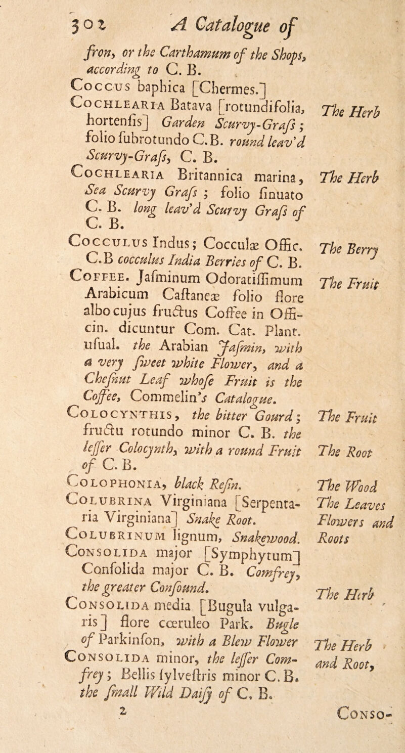 fron, or the Carthamum of the Shops, according to C. B. Coccus baphica [Chermes.] Co chleakia Batava [rotundifolia, hortenfis] Garden Scurvy-Grafs ; folio fubrotundo C.B. round leav'd Scurvy-Grafs, C. B. Cochlearia Britannica marina, Sea Scurvy Grafs ; folio fmuato C. B. long leav'd Scurvy Graf of C. B. Cocculus Indus; Cocculae Offic. C.B cocculus India Berries of C. B. Coffee. Jafminum Odoraciffimum Arabicum Caftancse folio flore albocujus fru&amp;us Coffee in Offi¬ ce- dicuutur Com. Cat. Plant. ufuaL the Arabian Jafmin, with a very fiveet white Flower, and a Chefhut Leaf whofe Fruit is the Coffee, Commelinb Catalogue. Colocynthis , the bitter Gourd; frudu rotundo minor C. B. the loffer Colocynth, with a round Fruit of C.B. Colophoniaj black Refn. Colubrina Virginiana [Serpenta- ria Virginiana] Snake Root. Colubrinum lignum, Snakewood. Consolida major [Symphytum] Confolida major C. B. Comfrey, the greater Confound. ' Consolida media [Bugula vulga* ris] flore cceruleo Park. Bugle of Park in Ton, with a Blew Flower Consolida minor, the leffer Com¬ frey ; Beilis fylveftris minor C. B* the fmall Wild Daijy of C* B. 2 The Herb The Herb The Berry The Fruit The Fruit The Root The Wood The Leaves Flowers and Roots The Htrb We Herb and Rooty CONSO-