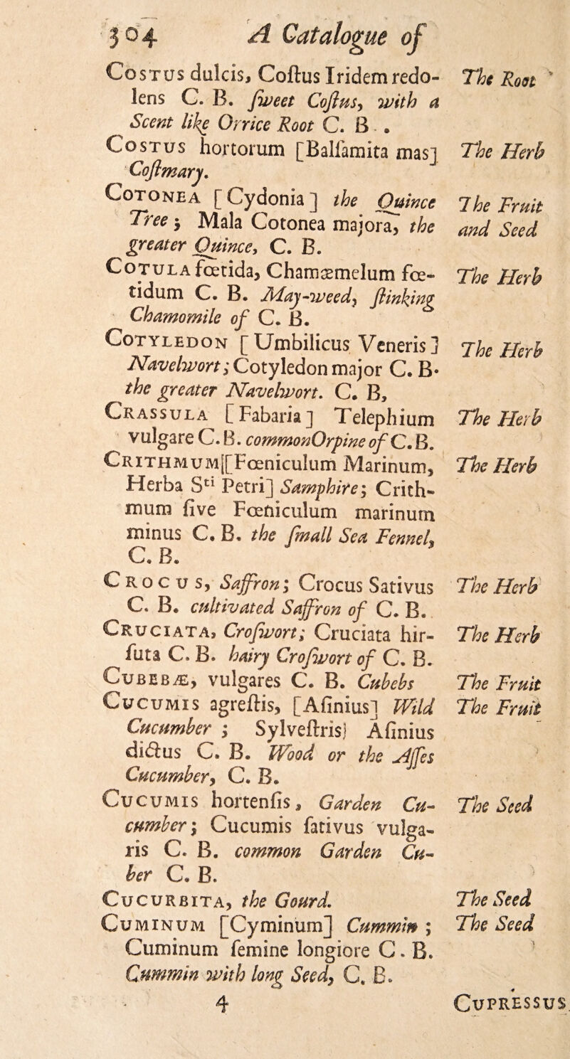Co stus dulcis, Coftus Iridemredo- lens C. B. Jweet Coftus, with a Scent lift Orrice Root C. B » Costus hortorum [Ballamita mas] Coftmary. Cot one a [Cydonia] the Quince Tree &gt; Mala Cotonea majorat the greater Quince, C. B. Cotula foetida, Chamcemelum foe- tidum C. B. May-weed, ftinking Chamomile of C. B. Cotyledon [ Umbilicus Veneris ] Navelwort; Cotyledon major C. B- ^ the greater Navelwort. C. B, Crassula L Fabaria ] Telephium vulgare C. B. commonOrpine of CM. CruTHMUM[[Foeniculum Marinum, Herba Su Petri j Samphire’, Crith- mum five Foeniculum marinum minus C. B. the (mall Sea Fennel, C. B. Crocus, Saffron’, Crocus Sativus C. B. cultivated Saffron of C. B. Cruciata, Crofwort; Cruciata hir- futa C. B. hairy Crofwort of C. B. Cubeba;, vulgares C. B. Cuhebs Cucumis agreftis, [Afinius] Wild Cucumber^ •, Sylveftrisj Afinius di(51us C, B. Wood or the ydffes Cucumber, C. B. Cucumis hortenfis, Garden Cu¬ cumber-, Cucumis fativus vulga¬ ris C. B. common Garden Cu~ her C. B. Cucurbit a, the Gourd. Cuminum [Cyminuml Cummin ; Cuminum femine longiore C. B. Cummin with long Seedy C. B* 4 The Root. The Herb 7 he Fruit and Seed The Herb The Herb The Herb The Herb , \, The Herb The Herb The Fruit The Fruit ) The Seed The Seed The Seed CUPRESSUS