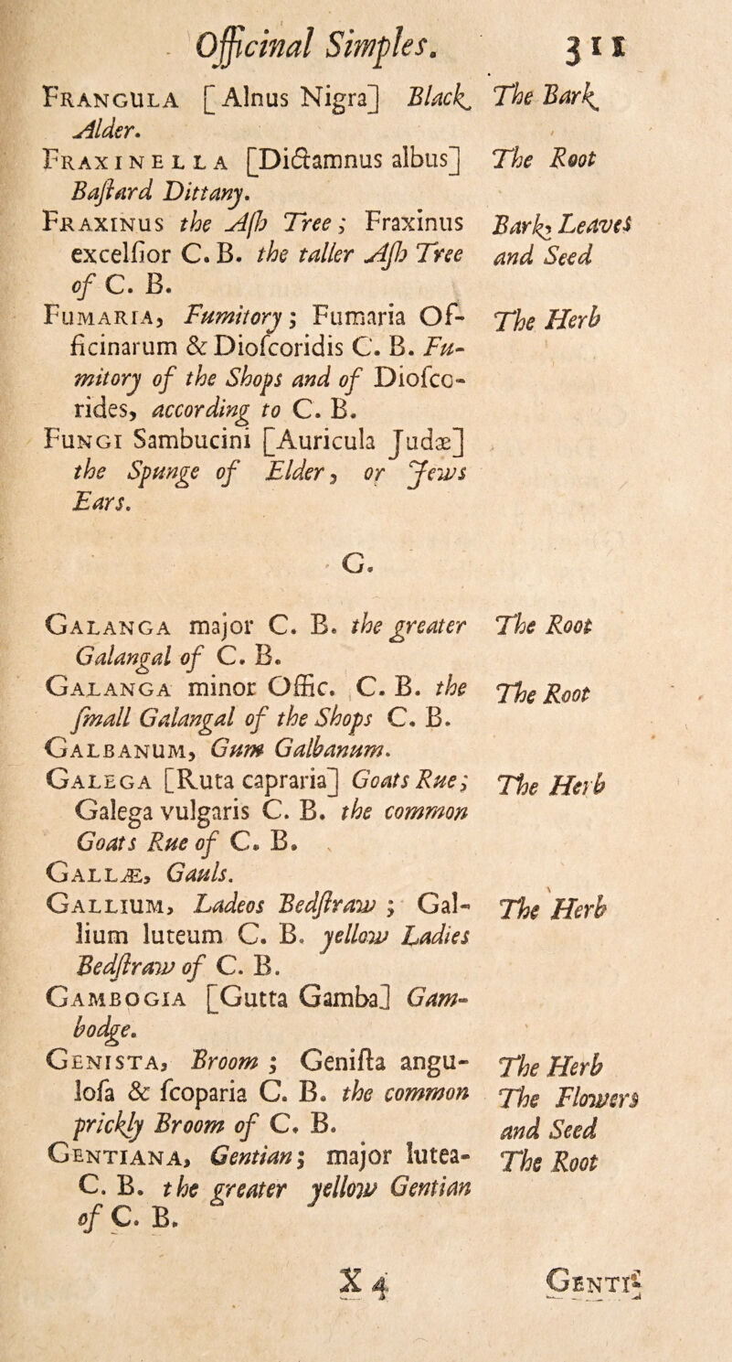 Frangula [Alnus Nigra] Blacky Alder. Fraxineua [Di&amp;amnus albus] Bajhird Dittany. Fraxinus the A(b Tree; Fraxinus excelfior C. B. the taller Ajb Tree of C. B. Fumaria, Fumitory; Fumaria Of- ficinarum &amp;Diofcoridis G. B. Fu¬ mitory of the Shop and of Diofco- rides, according to C. B. Fungi Sambucini [Auricula Judge] the Spunge of Elder, or Jews Ears. Galanga major C* B* the greater Galangal of C. B. Galanga .minor Offic. C. B. the fmall Galangal of the Shops C, B. Galbanum, Gum Galbanum. Galega [Ruta capraria] Goats Rue; Galega vulgaris C. B. the common Goats Rue of C* B» v Gallje* Gauls. Gallium, Ladeos Bedfiraw ; Gal¬ lium luteum C. B* yellow Ladies Bedfiraw of C. B. Gambogia [Gutta Gamba] Gam- bodge. Genista, nruum 5 1 lofa &amp; fcoparia C. B. prickly Broom of C, B, Gentiana, Gentian 1 majo C. B. the greater yellow of C. B. The Bar^ / The Root V Bark, Leave* and Seed The Herb The Root The Root The Herb The Herb The Herb The Flowers and Seed The Root Genti