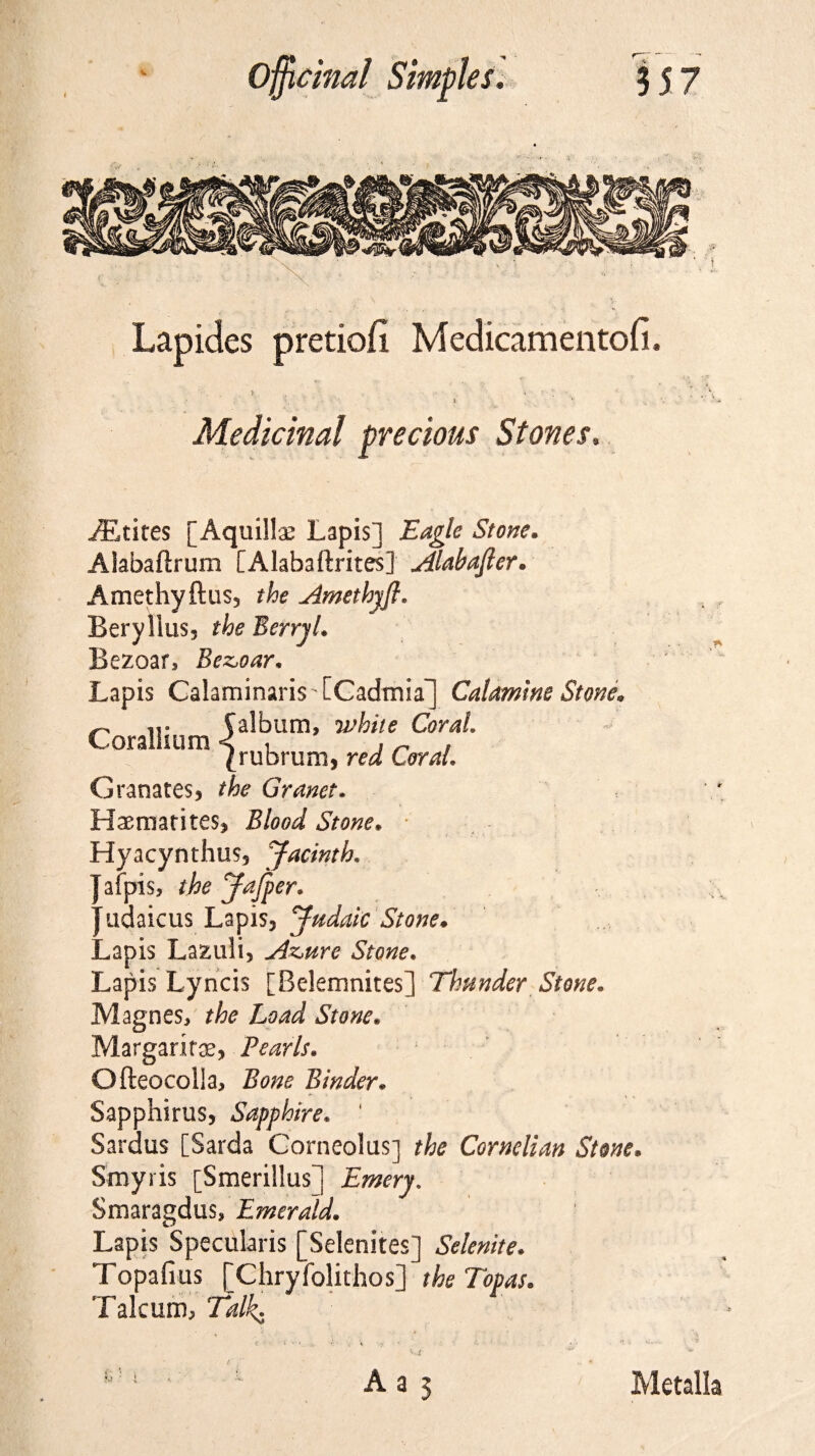 Lapides pretiofi Medicamentofi, If.. . t : ? ; ’ - j . - - * Medicinal precious Stones. JEtites [Aquillae Lapis] Eagle Stone. Aiabaflrum [Alabaftrites] Alabafier. Amethyftus5 the Amethyfl. Berylius, the BerryL Bezoar, Be&oar, Lapis Calaminaris [Cadmia] Calamine Stone. ^ ir £ album, white Coral Coraliium < , , ^ , (rubi umj reel Coral* Granates, the Granet. Haematites, Blood Stone. Hyacynthus, Jacinth. afpis, the Jafper. udaicus Lapis, Judaic Stone. .apis Lazuli, Az>ure Stone. Lapis Lyncis [Belemnites] Thunder Stone. Magnes, the Load Stone. Margarita, Pearls. Ofteocolla, Bone Binder. Sapphirus, Sapphire, ‘ Sardus [Sarda Gorneolus] the Cornelian Stone. Smyris [Smerillus] Emery. Smaragdus, Emerald. Lapis Specukris [Selenites] Selenite. Topafius [Chryfolithos] the Topas. Talcum, Talk-