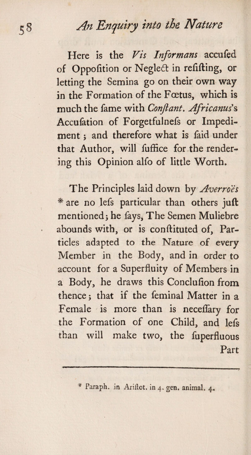 Here is the Vis Informant accufed of Oppofition or Negleft in refilling, or letting the Semina go on their own way in the Formation of the Foetus, which is much the fame with Conftant. Africanuis Accufation of Forgetfulnefs or Impedi¬ ment ; and therefore what is faid under that Author, will fuffice for the render¬ ing this Opinion alfo of little Worth. The Principles laid down by Averroes * are no lefs particular than others juft mentioned; he fays. The Semen Muliebre abounds with, or is conftituted of, Par¬ ticles adapted to the Nature of every Member in the Body, and in order to account for a Superfluity of Members in a Body, he draws this Conclufion from thence; that if the feminal Matter in a Female is more than is neceflary for the Formation of one Child, and lefs than will make two, the fuperfluous Part * Paraph, in Ariftot. in 4. gen. animal. 4.