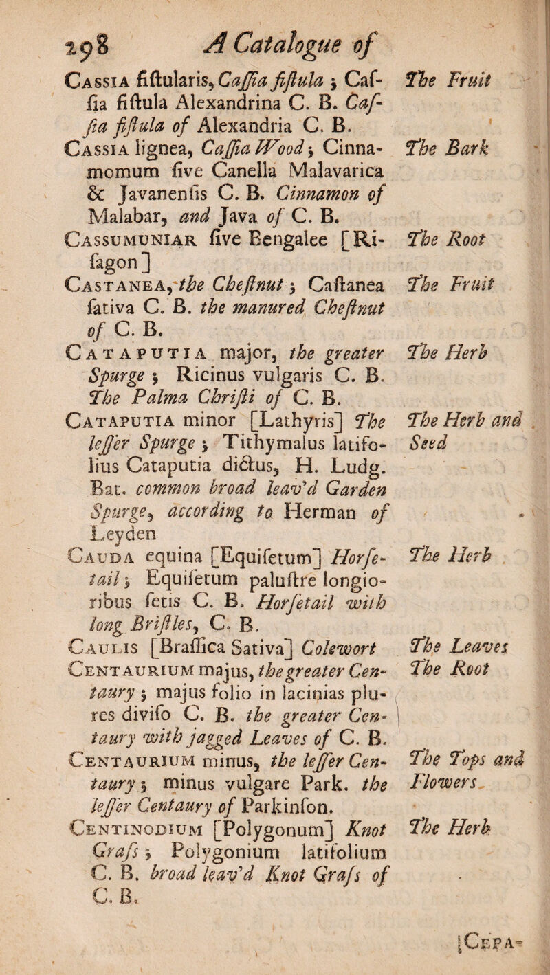 Cassia fiftularis, CaJJia fiftula y Caf- fia fiftula Alexandrina C. B. Caf- fia fiftula of Alexandria C. B. Cassia lignea, Caftia fFood y Cinna- mcmura five Canella Malavarica & Javanenfis C. B. Cinnamon of Malabar, and Java of C. B. Cassumuniar five Bengalee [Ri- fagon ] Castanea,the Cheftnut 3 Caftanea fativa C. B. the manured Cheftnut of Ci B. Cataputia major, the greater Spurge j Ricinus vulgaris C. B. The Palma Chrifti of C. B. Cataputia minor [Lathyris] ’the left'er Spurge y Tithymaius latifo- lius Cataputia didtus, H. Ludg. Bat. common broad leav'd Garden Spurge, according to Herman of Leyden Cauda equina [Equifetum] Horfe- tail 3 Equifetum paluftre longio- ribus fetis C. B. Horfetail with long Brifiles, C. B. Caulis [Braffica Sativa] Colewort Centaurium majus, the greater Cen¬ taury 3 majus folio in lacinias plu- res divifo C. B. the greater Cen¬ taury with jagged Leaves of C. B. Centaurium minus, the leffer Cen¬ taury 3 minus vulgare Park, the left'er Centaury of Parkinfon. Centinodium [Polygonum] Knot Grafs 3 Polygonium latifolium C. B. broad leav'd Knot Grafs of C R The Fruit i The Bark The Root The Fruit The Herb The Herb and Seed r * The Herb The Leaves The Root The Tops and Flowers The Herb [Ce'pa*