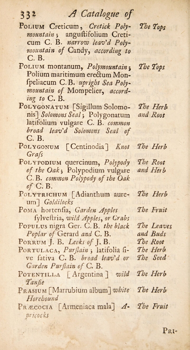 Polium Creticum, Cretick Poly¬ mountain } anguftifolium Creti¬ cum C. B. narrow leav'd Poly¬ mountain of Candy, according to C. B. Polium montanum, Polymountain; Polium maritimum ere£tum Mon- fpeliacum C. B, upright Sea Poly¬ mountain of Mompelier, accord¬ ing to C. B. Polygonatum [Sigillum Solomo- nis] Solomons Seal; Polygonatum latifolium vulgare C. B. common broad leav'd Solomons Seal of C. B. Poly gonum [Centinodia] Knot Grafs Polypodium quercinum, Polypody of the Oak j Polypodium vulgare C. B, common Polypody of the Oak of C. B. Polytrichum [Adianthum aure- ura] Goldilocks Pom a hortenfia, Garden Sipples fylveftria, wild Sipples, or Grabs Populus nigra Ger. C. B. the black Poplar of Gerard and C. B. Porrum J. B. Leeks of J. B. Portulaca, Purflain •, latifolia fi¬ ve fativa C. B. broad leav'd or Garden Purflain of C. B. Potentilla j_ Argentina] wild Pan fie Prasium [Marrubium album] white Horehound IN .-txocia [Avmeniaca mala] A- pricocks A The Tops The Tops The Herb and Root The Herb The Root and Herb The Herb The Fruit The Leaves and Buds The Root The Herb The Seed The Flerb The Herb The Fruit Pm-