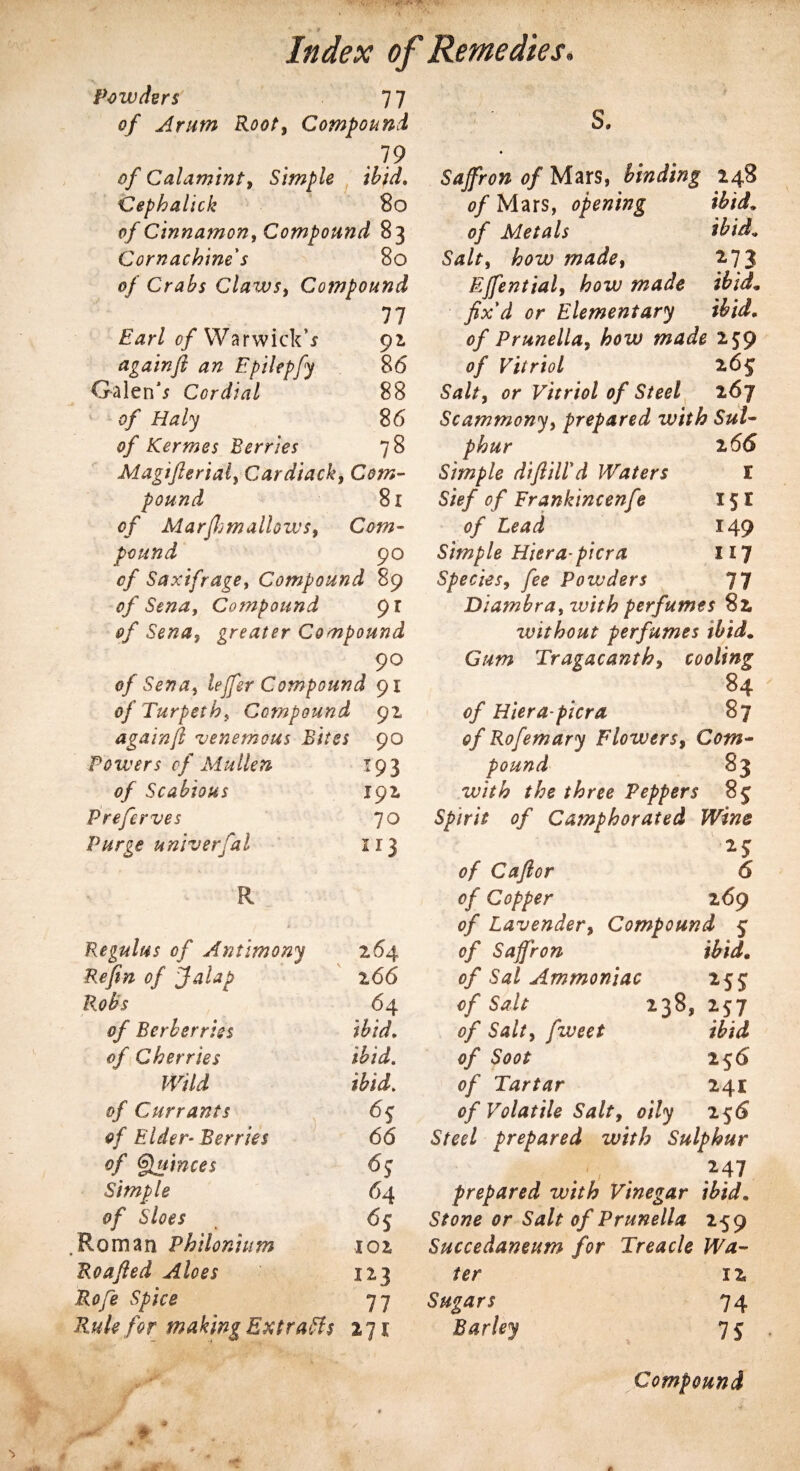 Powders 7 7 of Arum Rooty Compound . 79 of CaLiminty Simple ibid, Cephalick So of Cinnamon, Compound 83 Cornachine's 80 of Crabs Clawsy Compound 77 Earl of Warwick’* 92 againft an Epilepfy 86 Galen'* Cordial 88 of Haly 86 of Kermes Perries 78 Magiflerialy Cardiack, Com¬ pound 81 of Marfhmallows, Com¬ pound 90 of Saxifrage, Compound 89 of Sena, Compound 91 of Senay greater Compound 90 of Sena, leffer Compound 91 of Turpeth, Compound 91 againft venomous Bi Powers of Mullen of Scabious Preferves Purge universal s. ttes 90 193 191 70 1 r3 R Regulus of Antimony 264 Refm of Jalap 266 64 0/ Berberries ibid, of Cherries ibid. Wild ibid. 0/ Currants 6g of Eider- Berries 66 of Quinces 65 Simple 64 65 .Roman Phil on iu m 102 Boa fled Aloes 123 Rofe Spice 77 Rule for making Ext raffs 271 Saffron of Mars, binding 248 of Mars, opening ibid, of Metals ibid. Salty how made, 273 EJfential, how made ibid„ fix d or Elementary ibid, of Prunellay how made 259 of Vitriol 265 Salt, or Vitriol of Steel 267 Scammonyy prepared with Sul¬ phur 2 66 Simple diftiird Waters I Sief of Frankincenfe 151 of Lead 149 Simple Hiera-pier a 117 SpecieSy fee Powders 77 Diambra, zvith perfumes Si zvithout perfumes ibid* Gum Tragacanthy cooling 84 0/ Hiera-pier a 87 0/ Rofemary Flowers, Com¬ pound 83 Peppers 8$ ty/r/V of Catnphorated Wine 2$ of Caflor 6 of Copper 269 of Lavendery Compound g of Saffron ibid. of Sal Ammoniac 255 of Salt 238, 257 of Salty fzveet ibid of Soot 256 of Tartar 241 of Volatile Salt, oily 256 Steel prepared with Sulphur 2 47 prepared with Vinegar ibid. 0r Stf/* 0/Prunella 259 Succedaneum for Treacle Wa¬ ter 1 z Sugars 74 Barley 75 Compound