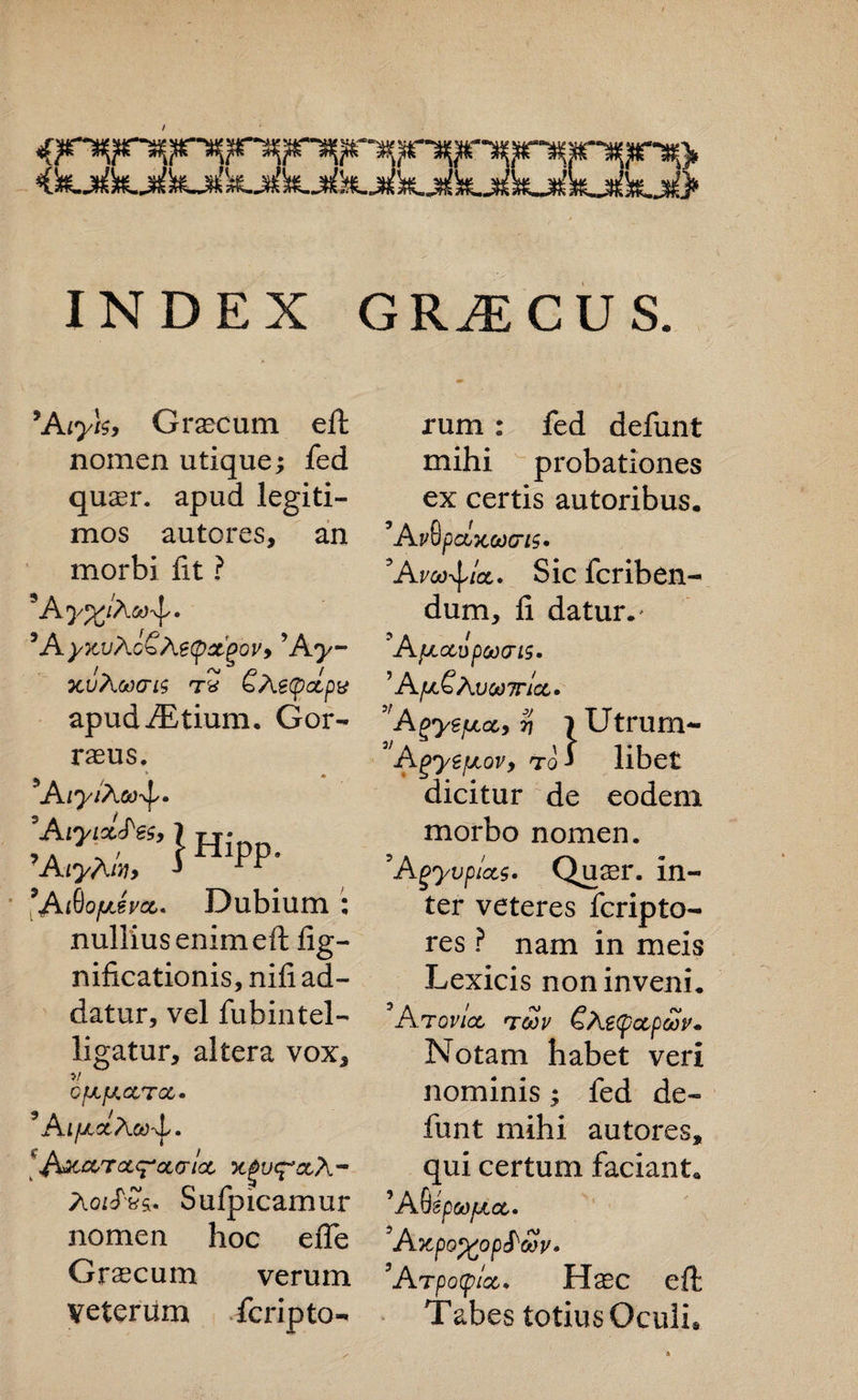 INDEX GRjECUS. ’A lyh, GrsBCum eft nomen utique; fed quasr. apud legiti- mos autores, an morbi fit ? ’AyitvAcS, Ae(pxpov> ’A y- xuAwais tZ SAetpolpv apudiEtium. Gor- rae us. S Hipp- ^AiylAoo^. 9 A tyizd'esy 7AiyAtf> ’A&ofjLhct. Dubium : nulliusenimeft fig- nificationis, nifi ad~ datur, vel fubintel- ligatur, altera vox* V CUJJ.CCTCC. 9 AlfJL&AoO'is. A&CtTCLq*CL(TlCL XgUC^CtA- Aozcf£s. Sufpicamur nomen hoc effe Graecum verum veterum fcripto- rum : fed defunt mihi probationes ex certis autoribus. ’AvQpctxoocris* 9Avca-^lcL. Sic fcriben- dum, fi datur.' 'A/LLctiipoocris. ’ A fA^AvOOTTiCC. ’fAp>yefj.oc,, 7] i Utrum- Agye/Aov, to f libet dicitur de eodem morbo nomen. 5Agyvplcts. Qusr. in¬ ter veteres fcripto- res ? nam in meis Lexicis noninveni. Atovlet toov £aetpctpuv. Notam habet veri nominis ; fed de¬ funt mihi autores, qui certum faciant* ’A6 ipOOfACt. 5 A x,po%op£'a)v. ’Arpotplct, Haec eft Tabes totiusOculi*