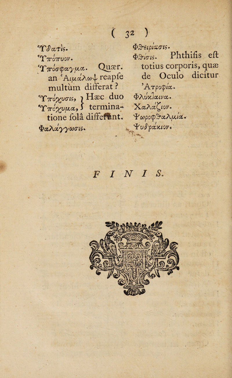 rTJWi$. $3-6ipUw. erjf 'jtottvov • *3rms. Phthlfis eft [TTrocrycLy^. Quser. totius corporis, qu« an ereapfe de Oculo dicitur multum differat ? ’Atpolice. <T7roXu(7l5> duo utcIccivcc. €T7rc%ufJLcc9 3 terminal XaAIQov. tione fola diffefllnt, Q&XoiyytoG'iS' ^^k'U'S'pctxiQV* finis. J