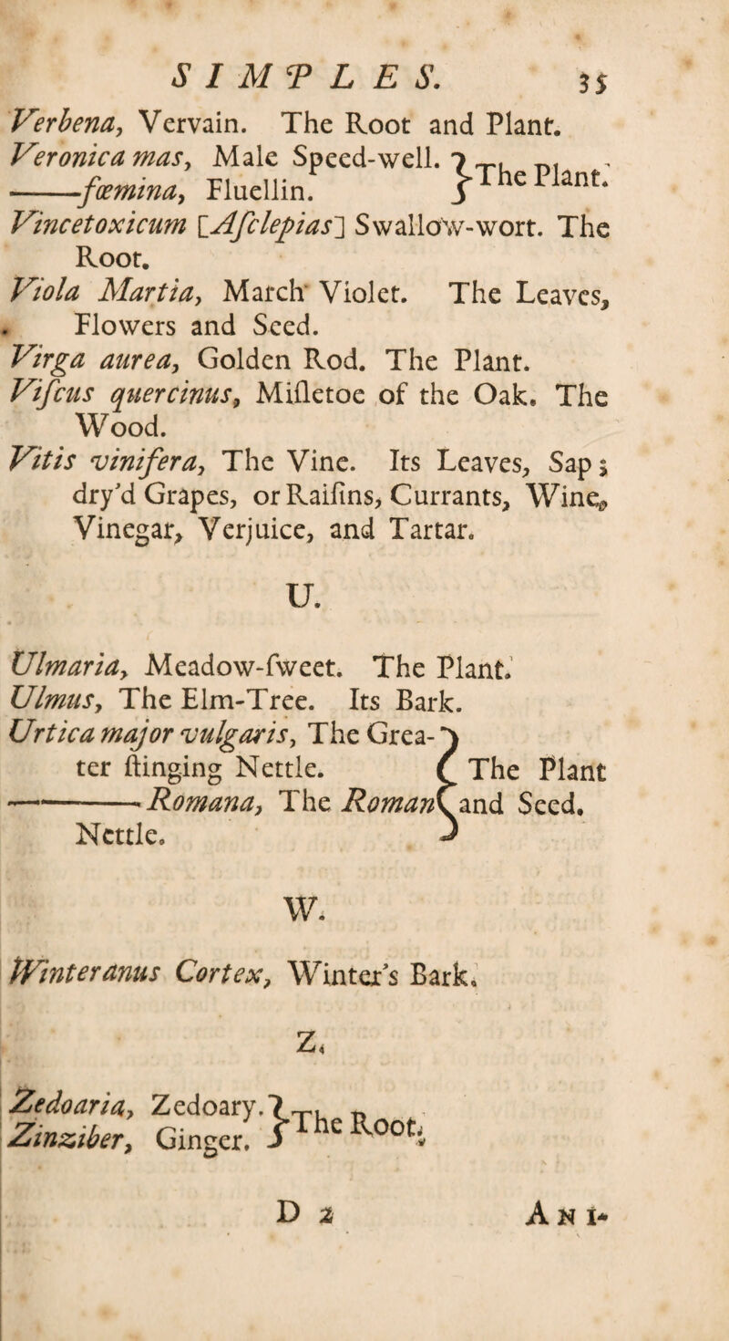 SIMILES. 5 j Verbena, Vervain. The Root and Plant. Veronica mas, Male Speed-well. 7 -.foemina, Fluellin. j-The Plant. Vincetoxicum [\Afclepias~\ Swallo\v-wort. The Root. Viola Martidy March' Violet. The Leaves, , Flowers and Seed. Virga aureay Golden Rod. The Plant. Vifcus auercimsy Mifletoe of the Oak. The Wood. Vitis vintferdy The Vine. Its Leaves, Sap$ dry’d Grapes, or Raifins, Currants, Wine*, Vinegar, Verjuice, and Tartar. U. Ulmaridy Meadow-fweet. The Plant. UlmuSj The Elm-Tree. Its Bark. Urtica major vulgaris, The Grea-} ter flinging Nettle. C The Plant —--- Romana, The RomaaCznd Seed. Nettle. W. tVinteranus Cortex, Winter’s Bark. Z< Zedoaridy Zedoary.?—, ^ Zmztber, Ginger. J The Rooti