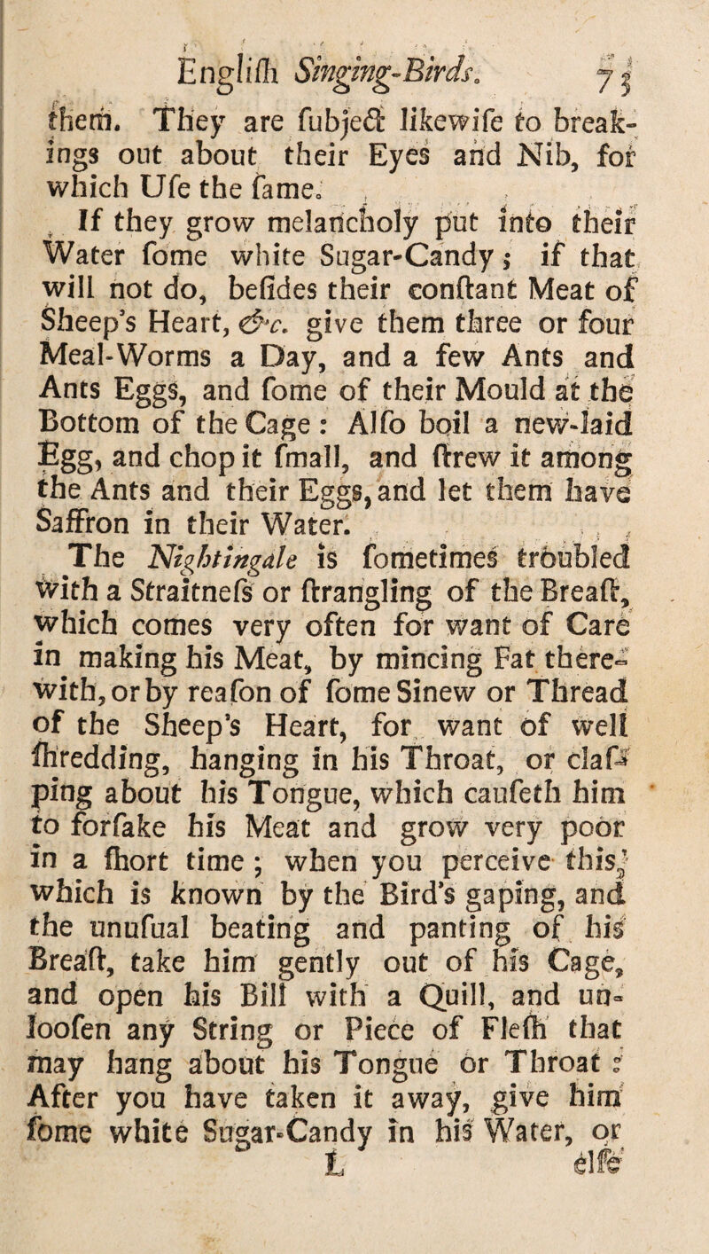 f '' - . v them. They are fubjed likewife to break¬ ings out about their Eyes and Nib, for which Ufe the fame. , If they grow melancholy put into their Water fome white Sugar-Candy; if that will not do, befides their conftant Meat of Sheep’s Heart, &c. give them three or four Meal-Worms a Day, and a few Ants and Ants Eggs, and fome of their Mould at the Bottom of the Cage : Alfo boil a new-laid Egg, and chop it (mail, and ftrew it among the Ants and their Eggs, and let them have Saffron in their Water. The Nightingale is fometimes troubled With a Straitnefs or drangling of the Bread, which comes very often for want of Care in making his Meat, by mincing Fat there- with, or by reafon of fome Sinew or Thread of the Sheep’s Heart, for want of well fllredding, hanging in his Throat, or claf-f ping about his Tongue, which caufeth him to forfake his Meat and grow very poor in a fhort time; when you perceive thisj which is known by the Bird's gaping, and the unufual beating and panting of his Bread, take him gently out of his Cage, and open his Bill with a Quill, and un= loofen any String or Piece of Flefh that may hang about his Tongue or Throat: After you have taken it away, give him fome white Sugar-Candy in his Water, or