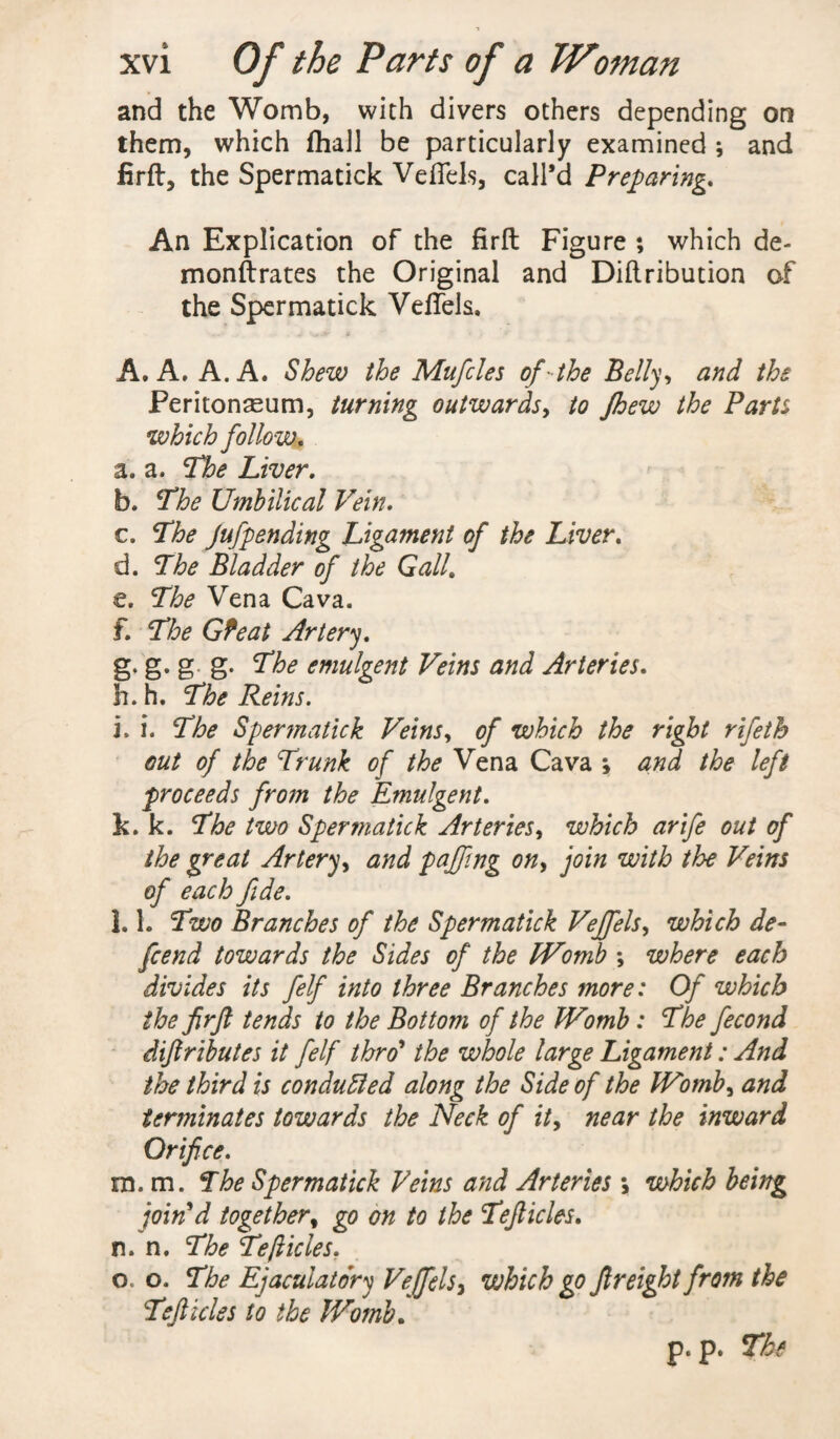 and the Womb, with divers others depending on them, which fhall be particularly examined \ and firft, the Spermatick Veffels, call’d Preparing. An Explication of the firft Figure ; which de¬ monstrates the Original and Diftribution of the Spermatick Vefiels. A. A. A. A. Shew the Mufcles of the Belly, and the Peritonaeum, turning outwards, to Jhew the Parts which follow* a. a. The Liver. b. The Umbilical Vein. c. The Jufpending Ligament of the Liver. d. The Bladder of the Gall. e. The Vena Cava. £ The Gfeat Artery. g. g. g g. The emulgent Veins and Arteries. h. h. The Reins. l. \. The Spermatick Veins, of which the right rifeth out of the Trunk of the Vena Cava ; and the left proceeds from the Emulgent. k. k. The two Spermatick Arteries, which arife out of the great Artery, and pajfng on, join with the Veins of each fide. LI. Two Branches of the Spermatick Vejfels, which de¬ fend towards the Sides of the PVomb ; where each divides its felf into three Branches more: Of which the firft tends to the Bottom of the JVomb : The fecond diftributes it felf thro’ the whole large Ligament: And the third is conduced along the Side of the JVomb, and terminates towards the Neck of it, near the inward Orifice. m. m. The Spermatick Veins and Arteries \ which being join'd together, go on to the Tefticles. n. n. The Tefticles. o. o. The Ejaculatory Vejfels, which go freight from the Tefticles to the JVomb. p. p. The